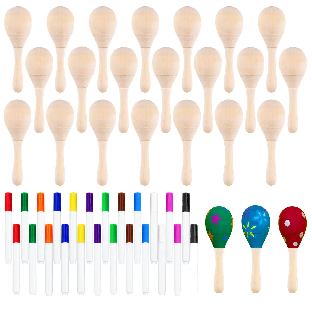 Morcheiong 24 Stück DIY Mini-Holz-Maracas für Kinder mit 24 mehrfarbigen Stiften, Fiesta mexikanische Maracas Mitgebsel, Cinco De Mayo Party-Zubehör Dekorationen