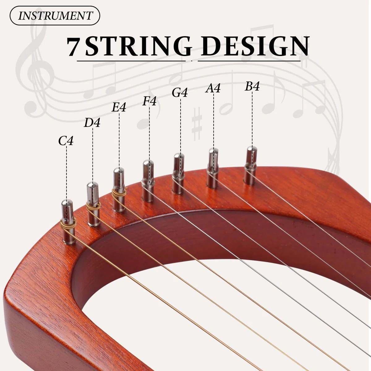 Mulucky Lyre Harp 7 Metall-Stahlsaiten Knochen Sattel Mahagoni Lyre Instrument mit Stimmschlüssel und schwarzer Gigbag - MLH701