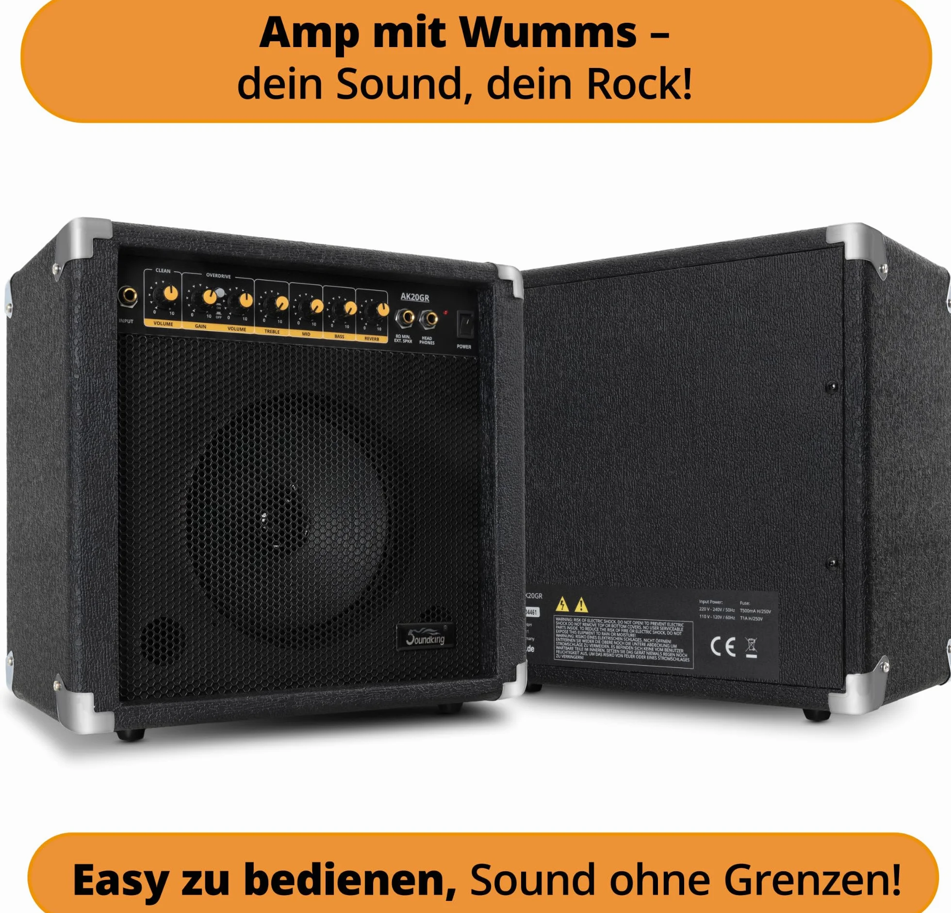 Soundking AK20-GR Gitarrenverstärker 60 Watt - 3-Band Equalizer - 8" Speaker mit 2 Kanälen, clean & Overdrive - Kopfhörerausgang & Lautsprecheranschluss - Idealer Amp mit Extra robusten Schutzecken