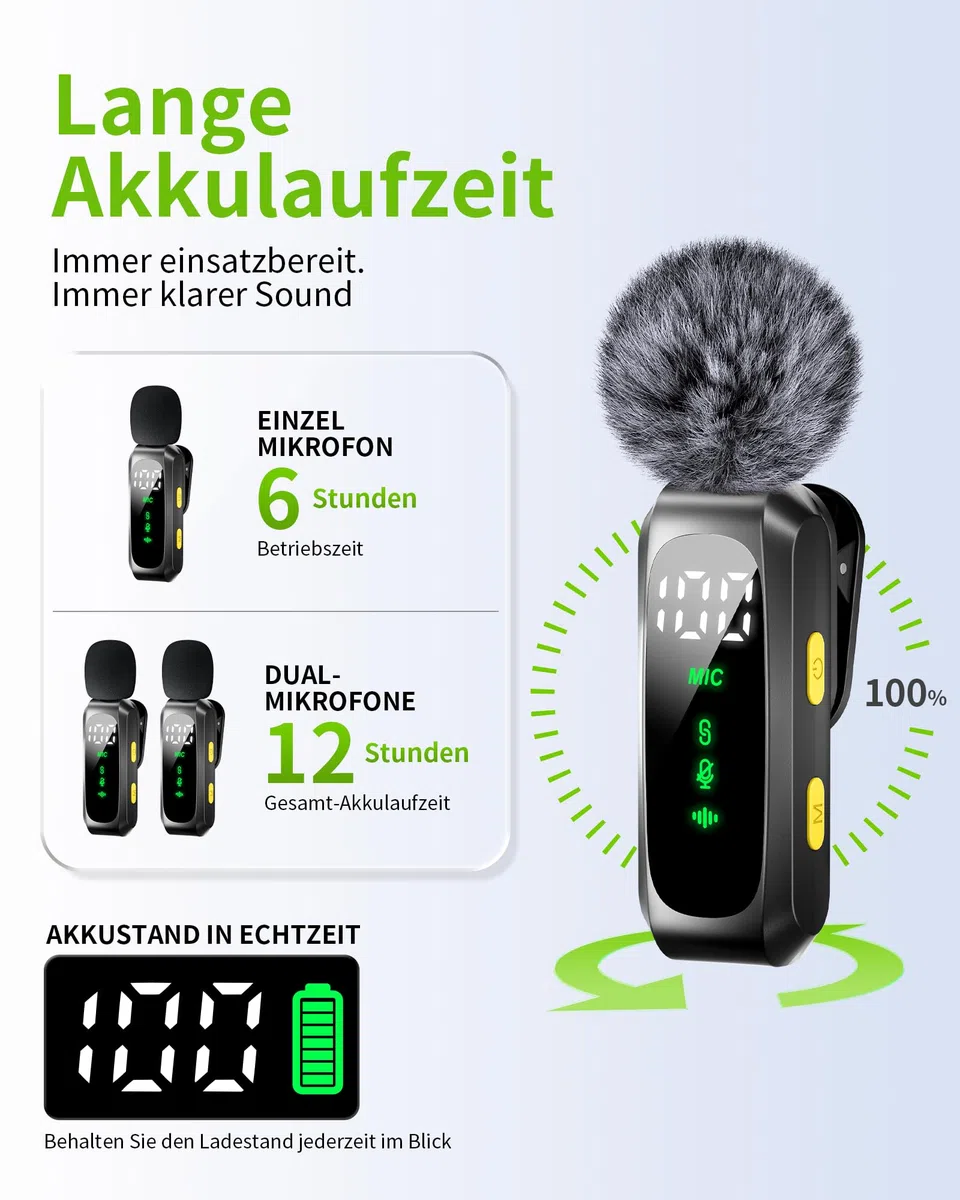 Handy-Mikrofon Mini für iPhone Android und PC - Plug & Play Mini Mikrofon mit Windschutz, Lavalier Mikrofon Wireless mit Batterieanzeige und Geräuschunterdrückung, ideal für YouTube, TikTok, Interview