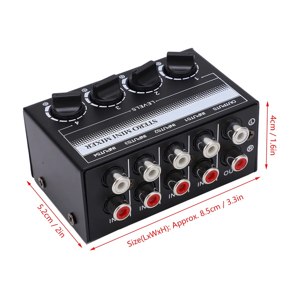 Stereo-Mini-Mixer Stereo-Mixing-Ausgang Ganzmetallgehäuse 4 Stereo-Cinch-Eingänge Audiosignal-Effektgeräte
