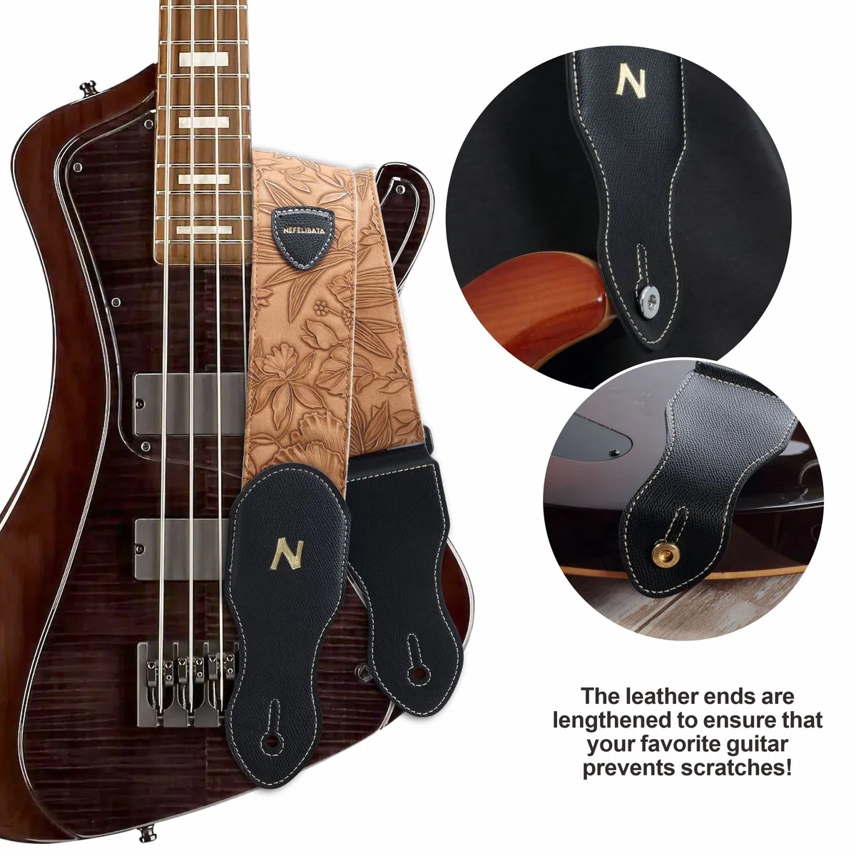 Nefelibata Gitarrengurt mit Plektrumtasche, 2,3-Zoll-Veganes Leder-Gitarrengurte im Porter-Stil, 60er-Jahre-Western-Vintage-Stil mit Plektren, Gurtknopf und Gurtschlössern