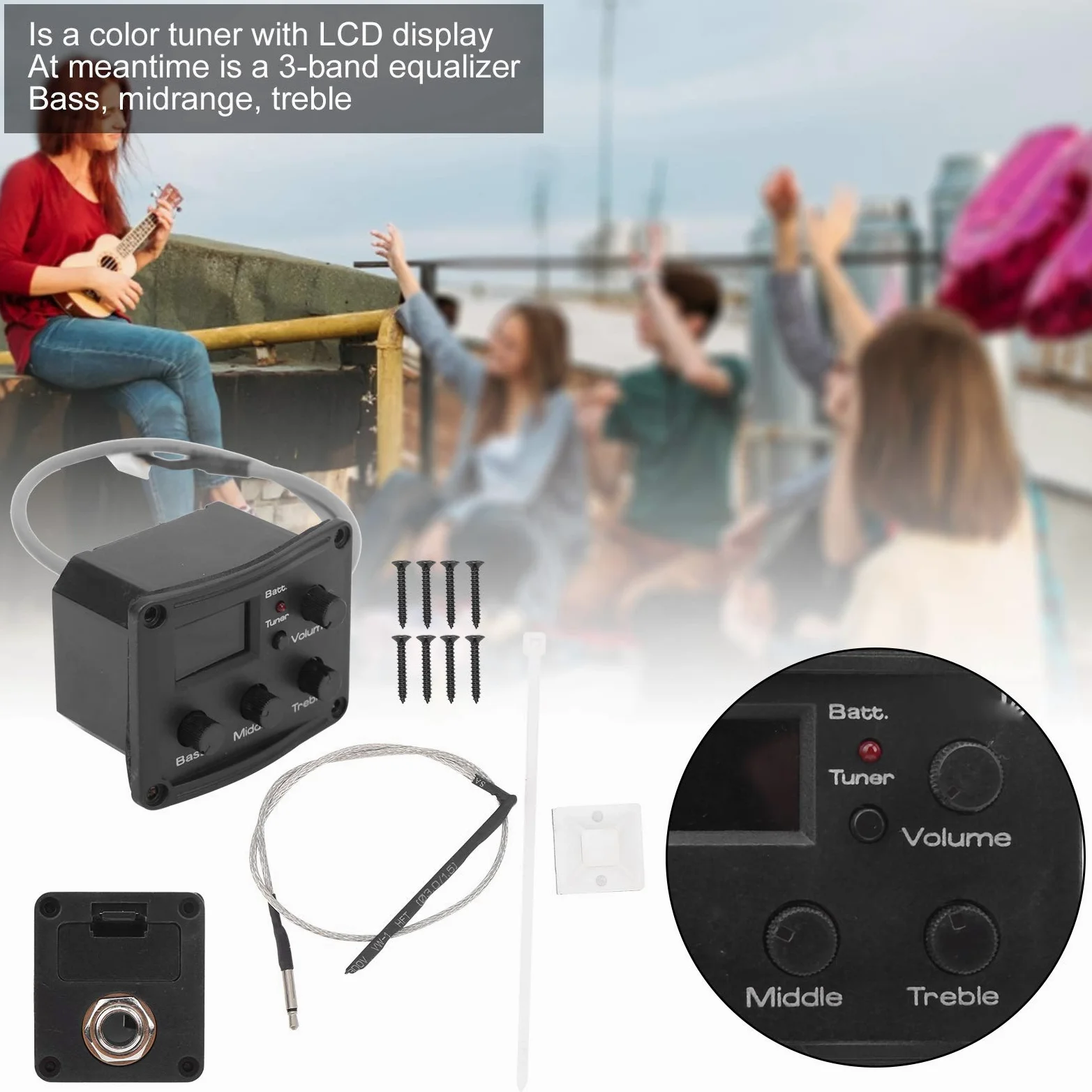 Ukulele Pickup System, 3-Band-Equalizer mit LED-Display und Lautstärkeregler, Tonabnehmer für Musiker auf Bühne Studio und Heimgebrauch