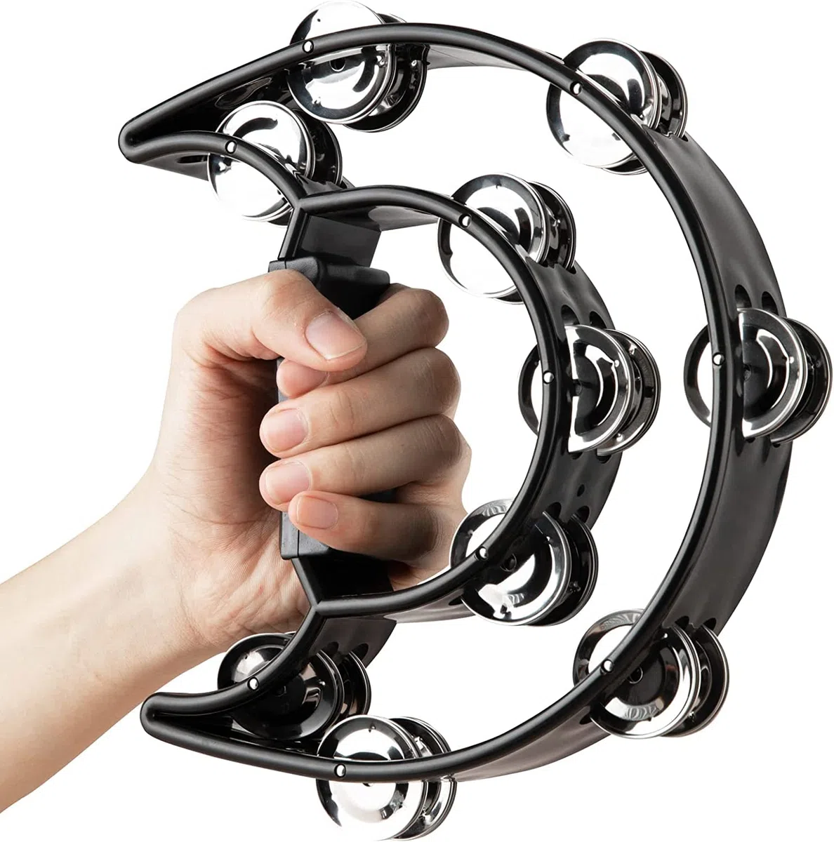 MIVIDE 4 Stück Tambourine Half Moon - Hand Tamburin - Mit 20 Glöckchen - Tamburin für Aldult Anfänger Student (Schwarz)