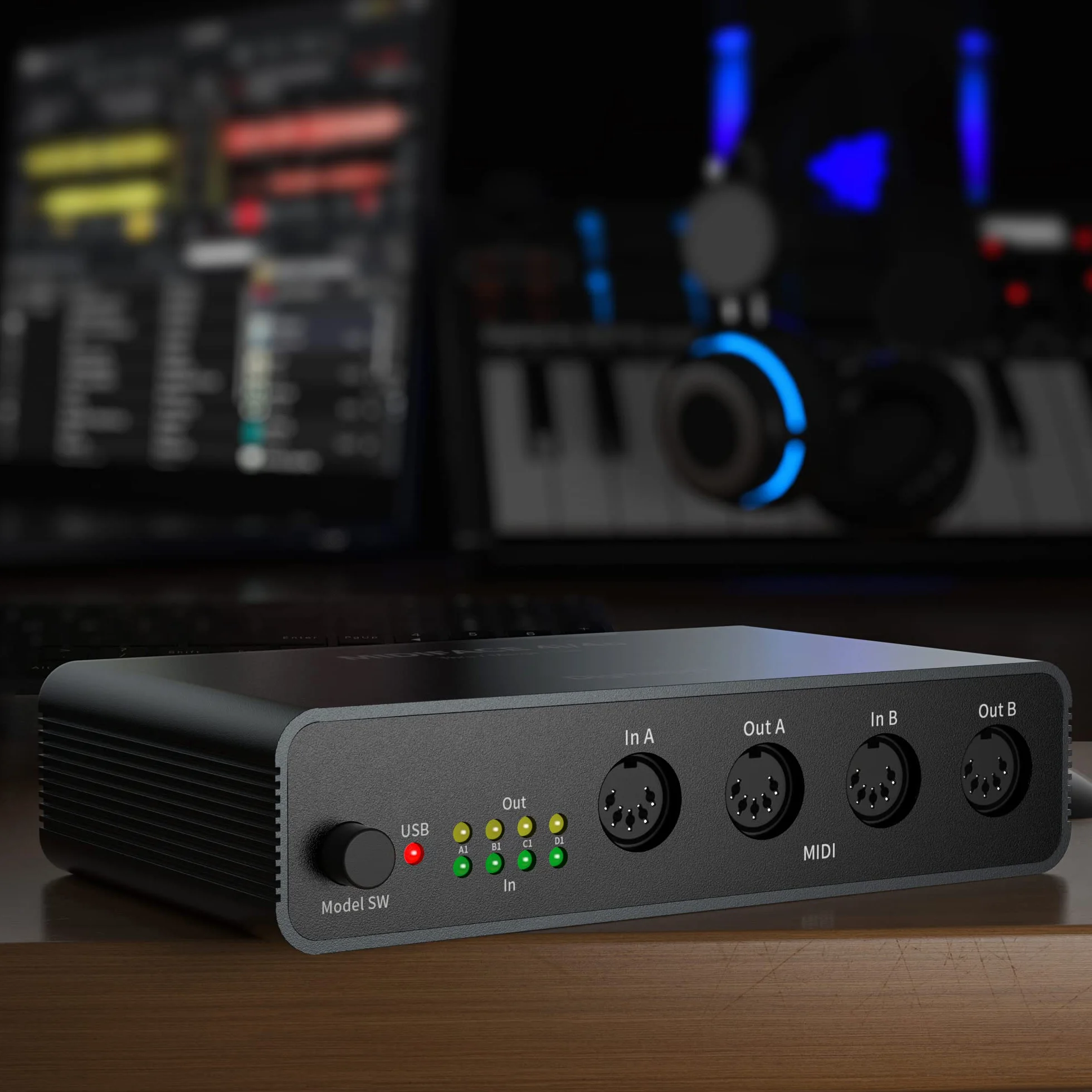 DigitalLife Quad I/O Pro 4x4 USB MIDI Interface Box – 5-Pin-DIN Merge/Thru/Splitter, Metallgehäuse mit 8 LED-Anzeigen für Keyboards, Synthesizer, Drum Machines & Live-Auftritte | UMB06-B