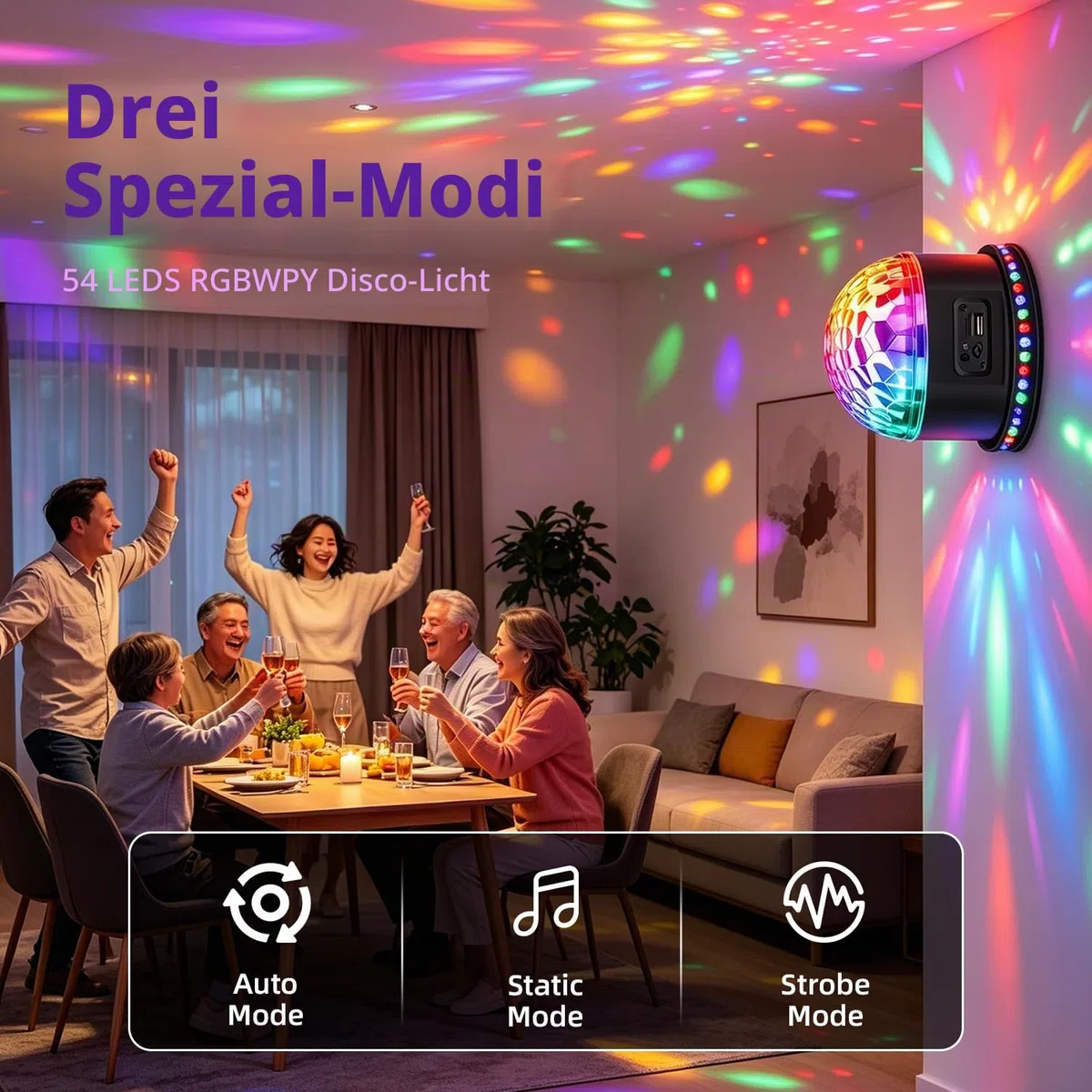Discokugel Partylicht 54 LEDs, Gomifie Discolicht Partylicht Musikgesteuert und Zwei Lautsprechern, Discokugel Kinder Led Party Lampe mit 3 geräuschaktivierten Modi für DJ, Weihnachten, Bar und Party