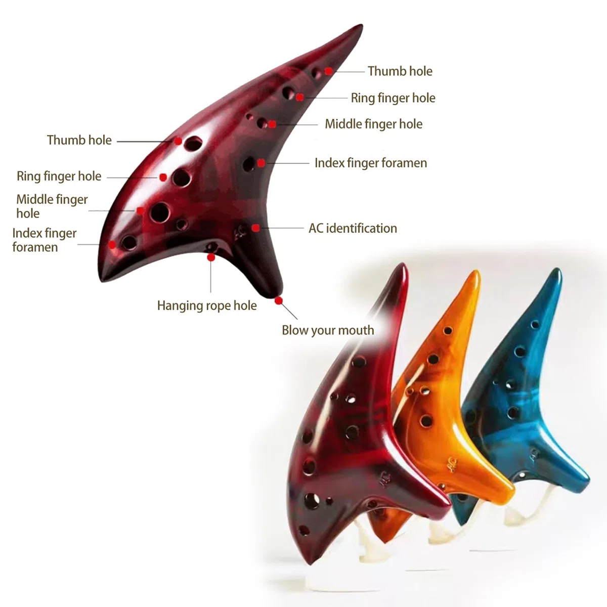 Ocarina 12 Loch Alto C Smokey Straw Gefeuerte Keramik Okarina mit Liederbuch für Anfänger, Geschenkidee (Rotbraun)