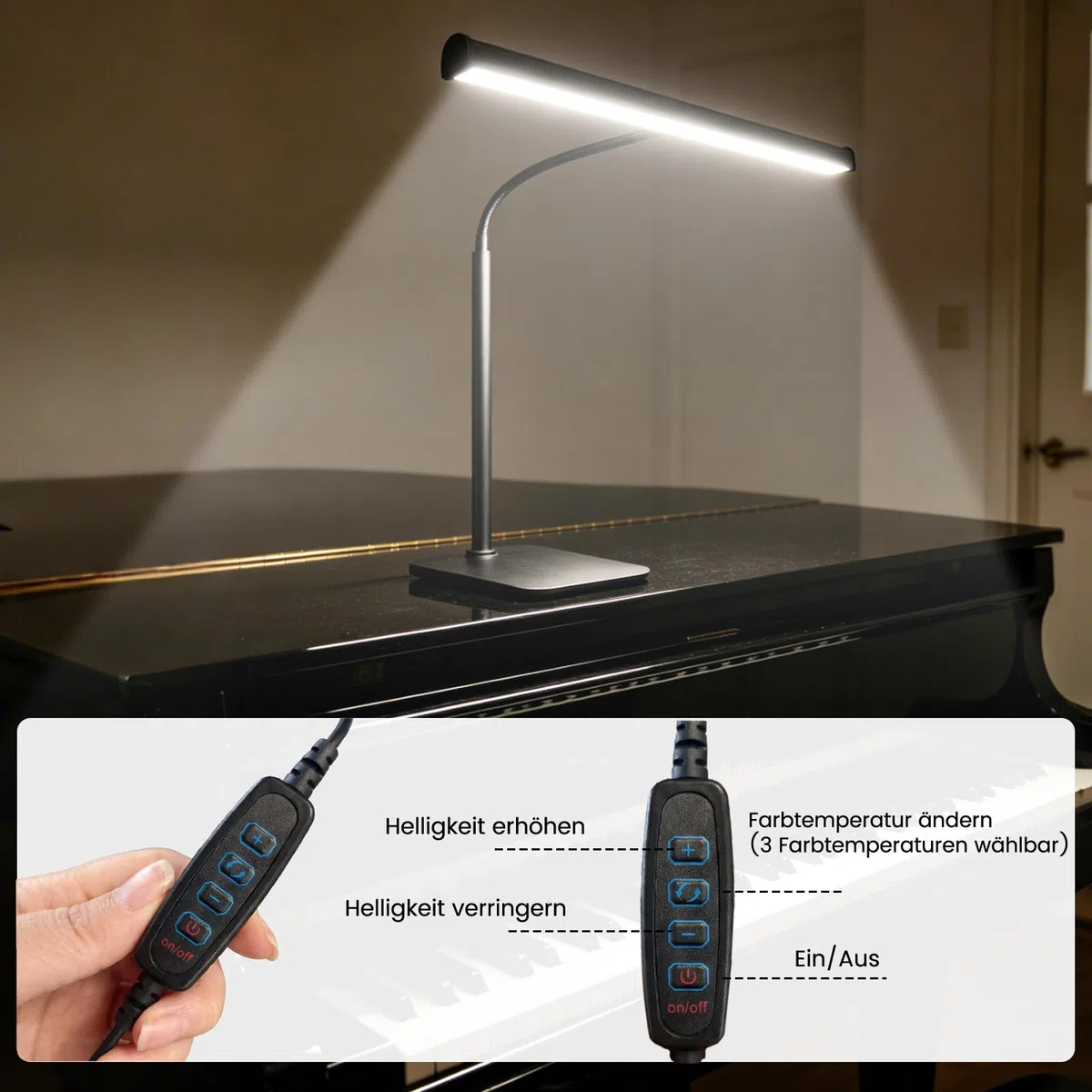 LED Klavierlampe, 3 Farbmodi, 10 Helligkeitsstufen dimmbar, USB betrieben, 360 Grad flexibler Schlauch, stabiler Metallsockel, geeignet für Klavier, Flügel, E-Piano und Schreibtisch
