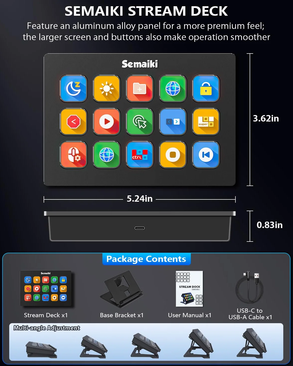 Semaiki Stream Controller Makrotastatur mit 15 anpassbaren LCD-Makrotasten, löst Aktionen in Apps und Software wie OBS, Twitch, Streamlabs, Discord, Mac & Windows aus