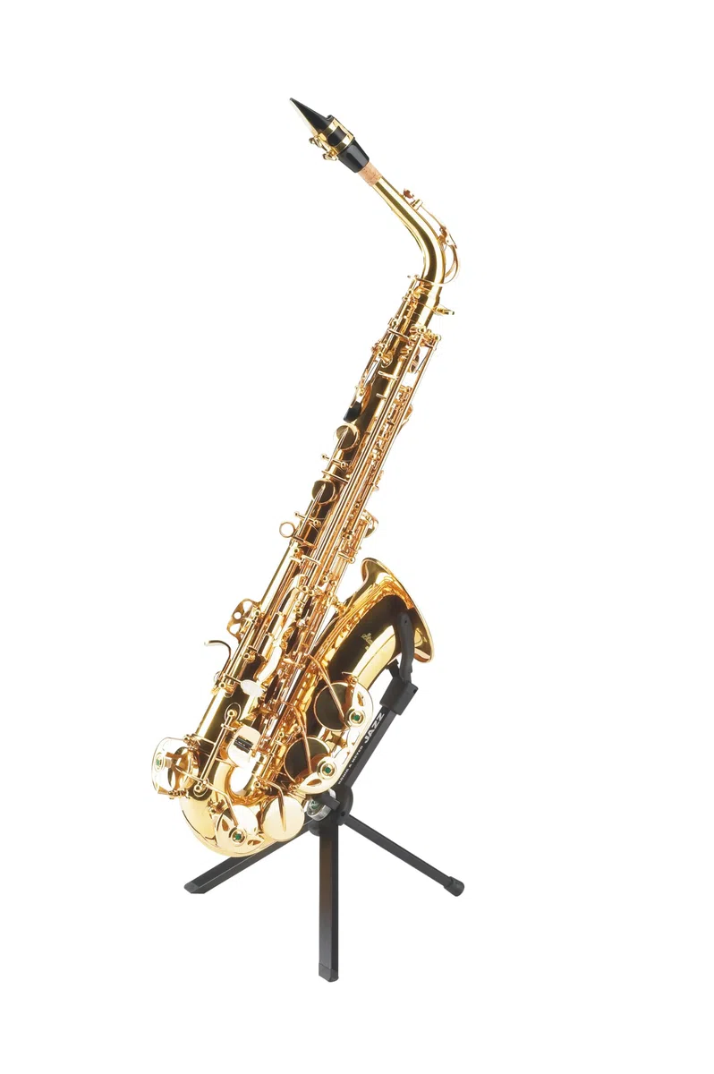 K&M 14330 Saxophonständer Jazz Schwarz Aluminium - inkl. Tragetasche - 31 cm Höhe - Transport im Schallbecher möglich