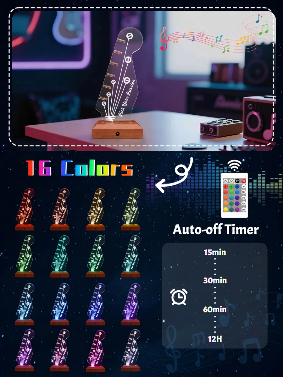CoolGift Mart Leuchtender Gitarren-Pick-Halter,Acryl hölzerne E-Gitarre Headstock Shaped Pick Holder mit 16 Farbe Lichter für Picks Lagerung und Anzeige, Geschenk für Gitarristen