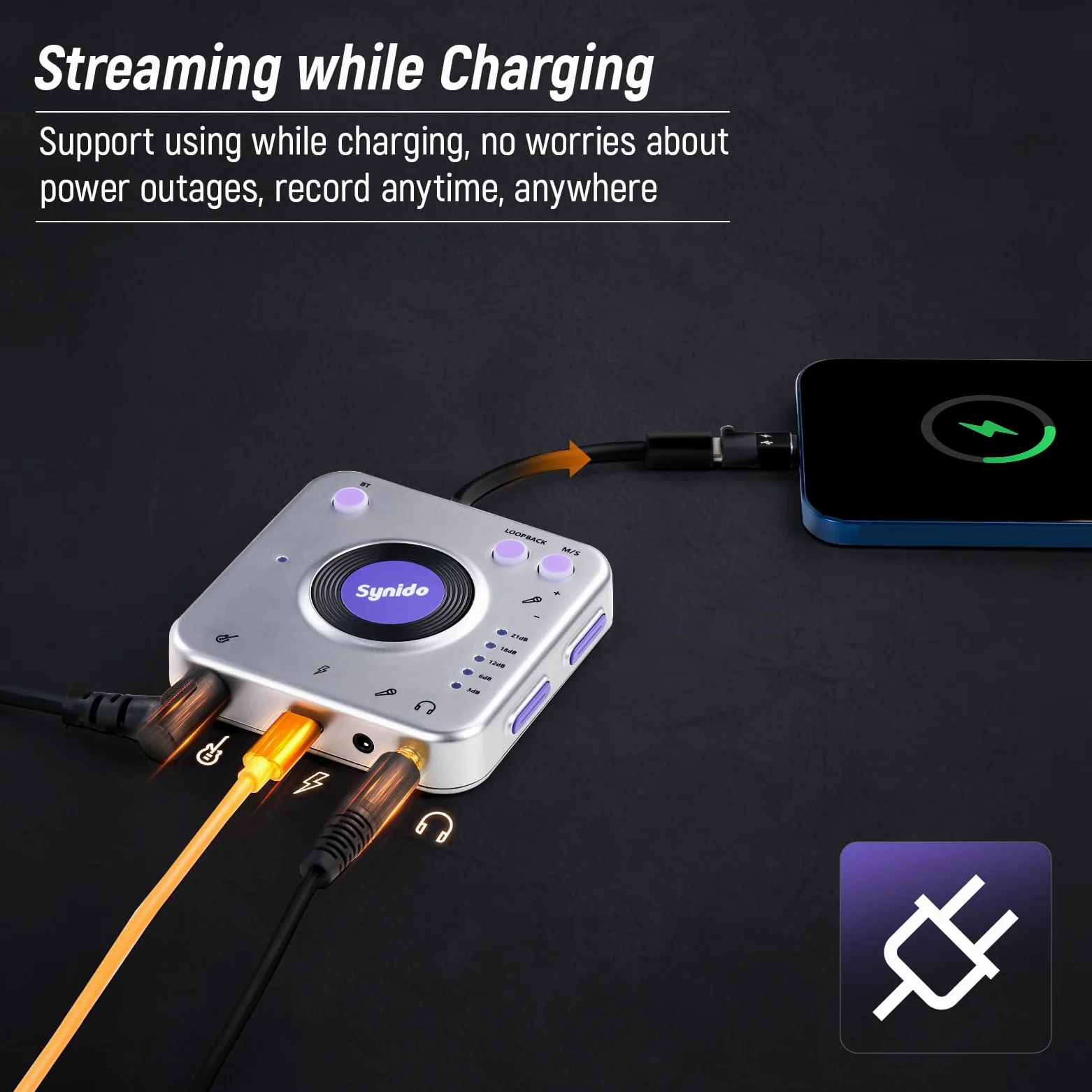 Synido Audio-Interface zum Aufnehmen von Musik mit Instrumenten-Verstärkungssteuerung, 24 Bit/96 kHz, tragbare HiFi-Audio-Schnittstelle, kommt mit USB-C, leichter Audioadapter für