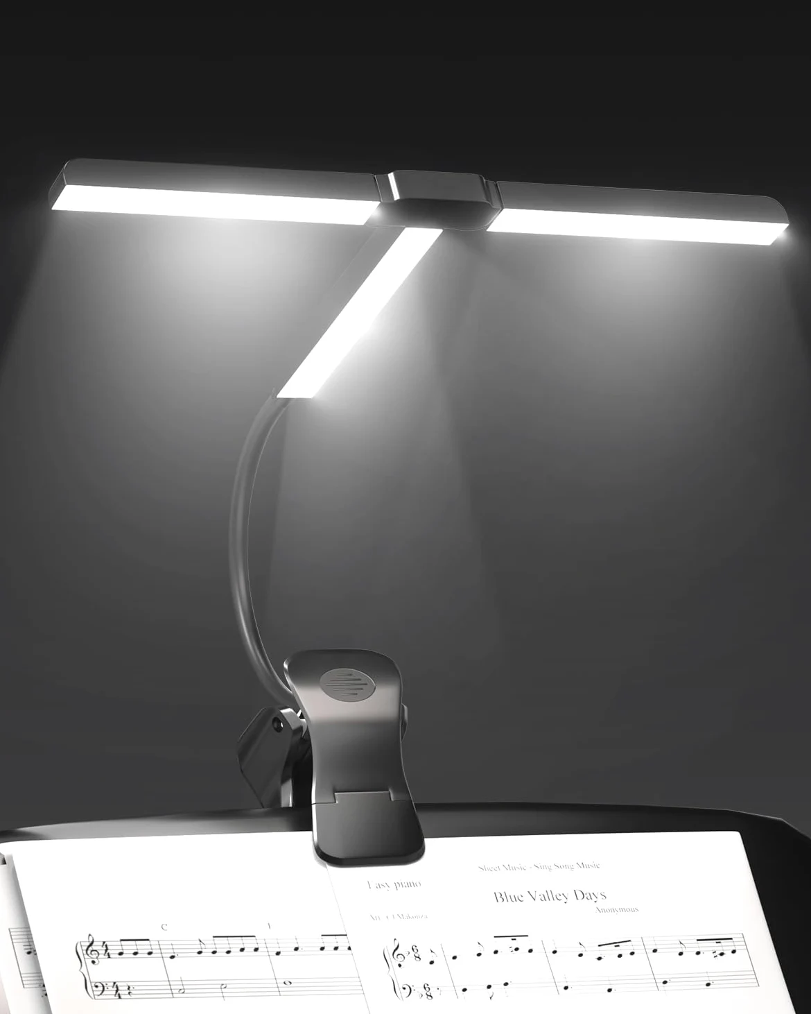 Ultrabreit 36CM Notenpultleuchte Mit Clip, 57 LEDs Superhell, 4 Farben x 3 Helligkeit, Faltbare T-Förmige Klavierlampe für Noten und Buch lesen, USB-C Wiederaufladbar