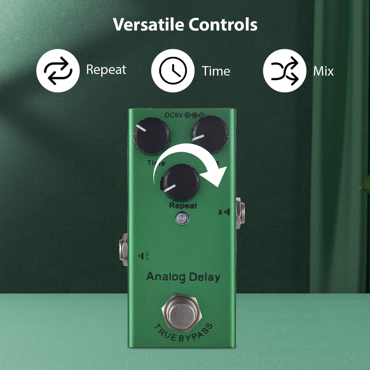 Analog Delay Guitar Effects Pedal with Time Mix Repeat Controls Knob DC 9V 6.35mm Input Output Electric Guitar Effector True Bypass Green Mini Aluminum Design