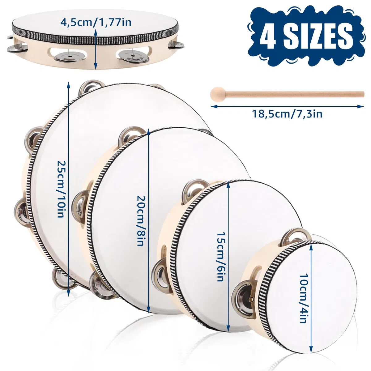 MIVIDE 4-Teilig Handtrommel mit Schlägel, Holz Tambourin, Handtrommel Set für Party, Leistungen(4zoll, 6zoll, 8zoll und 10zoll)