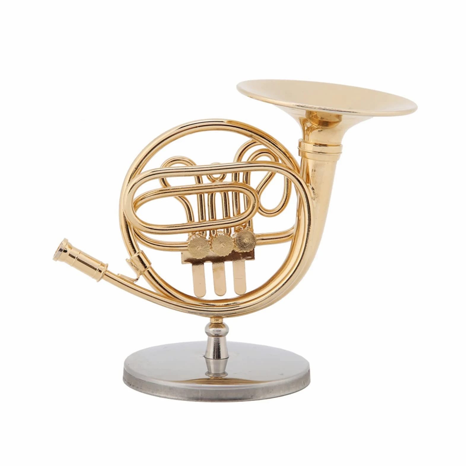 Generic Miniatur-Waldhorn-Ornament aus Goldenem Messing mit Ständer für die Dekoration von Musikzimmern, e für und Musiker