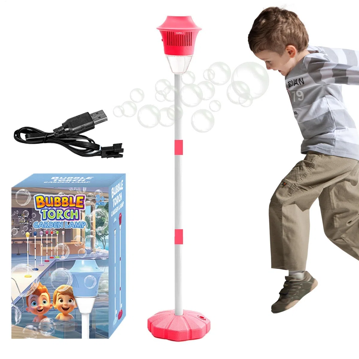 Seifenblasenmaschine Kinder, Seifenblasen blumes, Seifenblasen Laterne, Blasenbrennermaschine Gartenlampe, Stehmaschine Mit Licht Und Musik, Höhenverstellbare 58-118cm