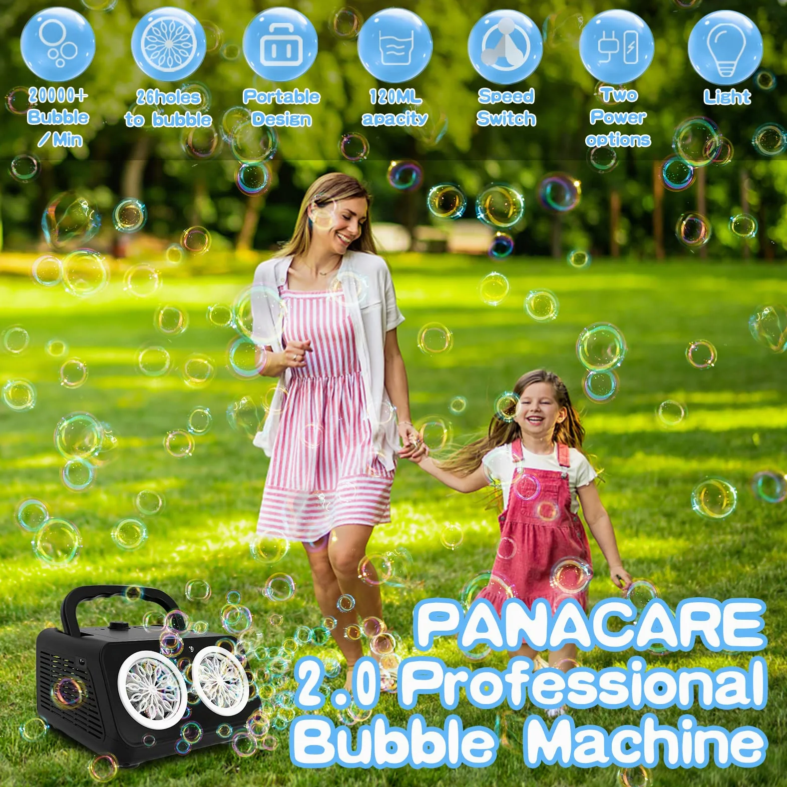 PANACARE 2.0 Automatische Seifenblasenmaschine, Tragbar Bubble Machine 20000+ Bubbles/Min mit Seifenblasenwasser/26 Löchers, Kinder Geschenk für Kinder/Hochzeit/Geburtstag/Bühne/Party (553-Black)