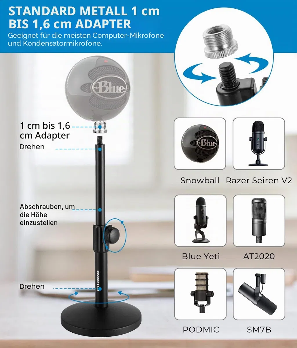 BILIONE Schreibtisch-Mikrofonständer Verbesserter, Verstellbarer Mikrofonständer mit Pop-Filter, Schockhalterung, Mikrofonclip, 1,6 cm auf 0,95 cm Metallschraubenadapter