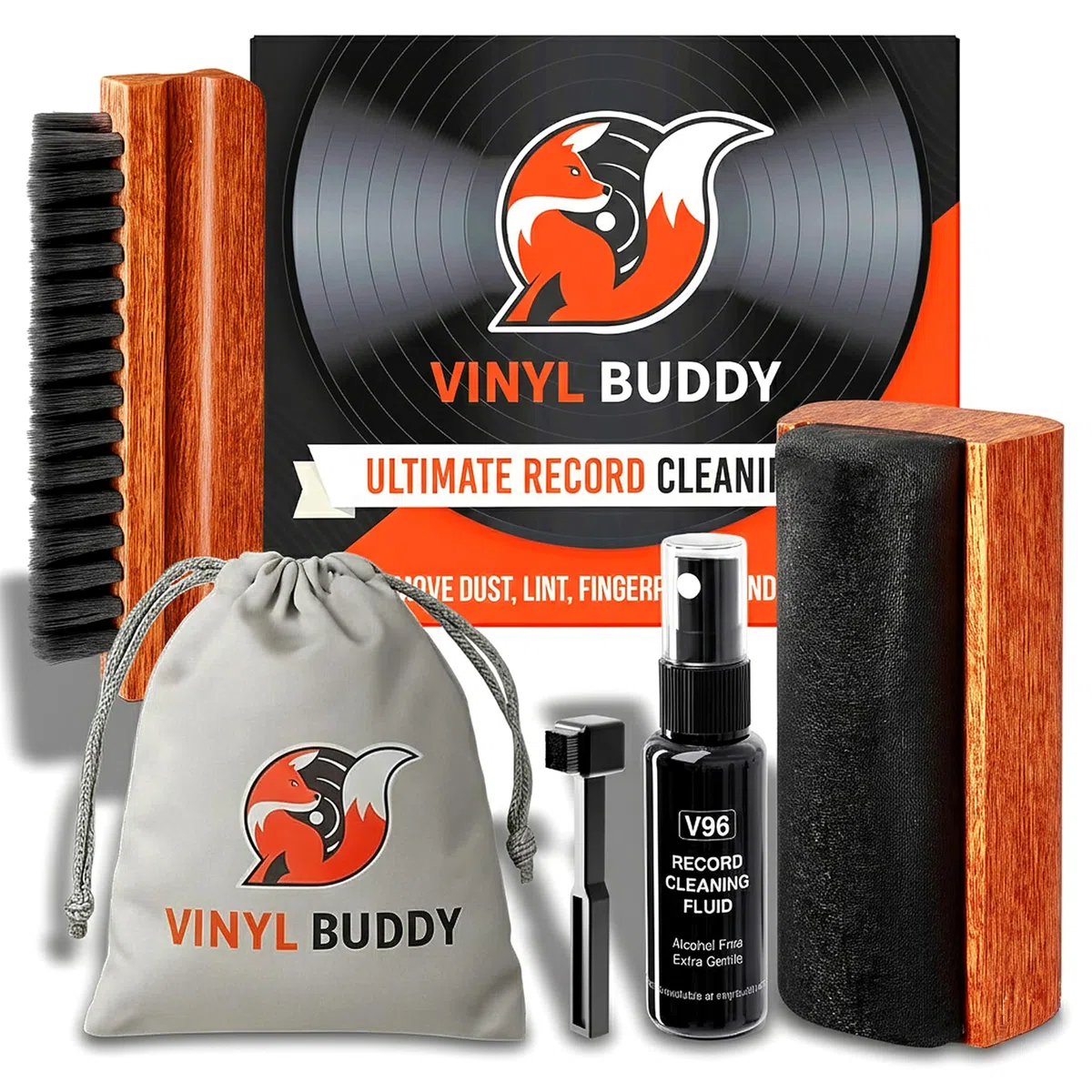 Vinyl Buddy Schallplatten-Reinigungsset, 5-teilig, Ultimatives Reinigungssystem, Samtbürste, Nylonfaser-Bürste, Stylus-Bürste, Reinigungsflüssigkeit, Aufbewahrungstasche