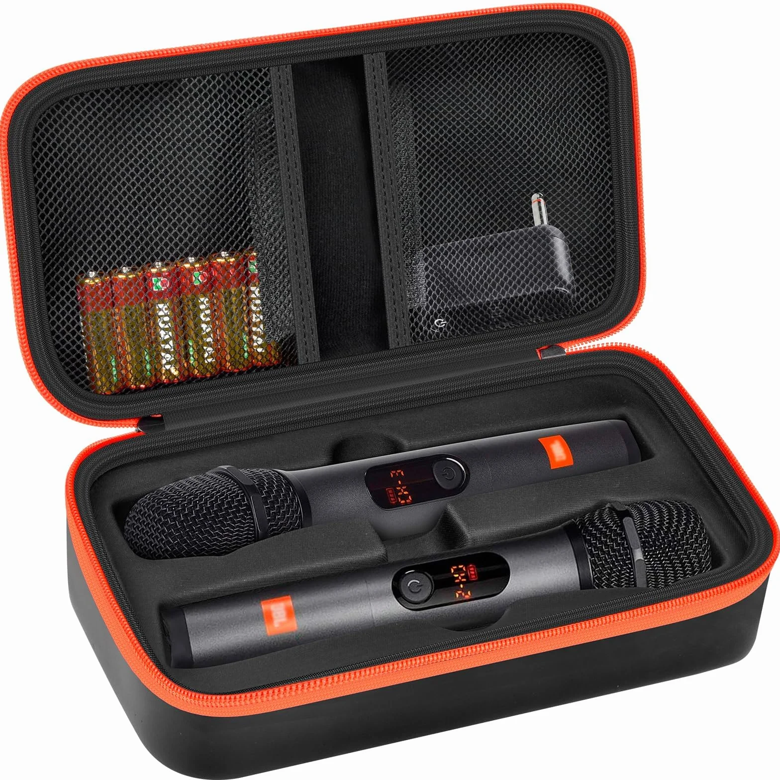 Tragetasche für kabelloses Mikrofon, kompatibel mit JBL Wireless Dual-Mikrofonsystem, Tasche für Handmikrofone, Empfänger, Adapter, AA-Batterien, Karaoke und Gesang, Schwarz (Nur Tasche)