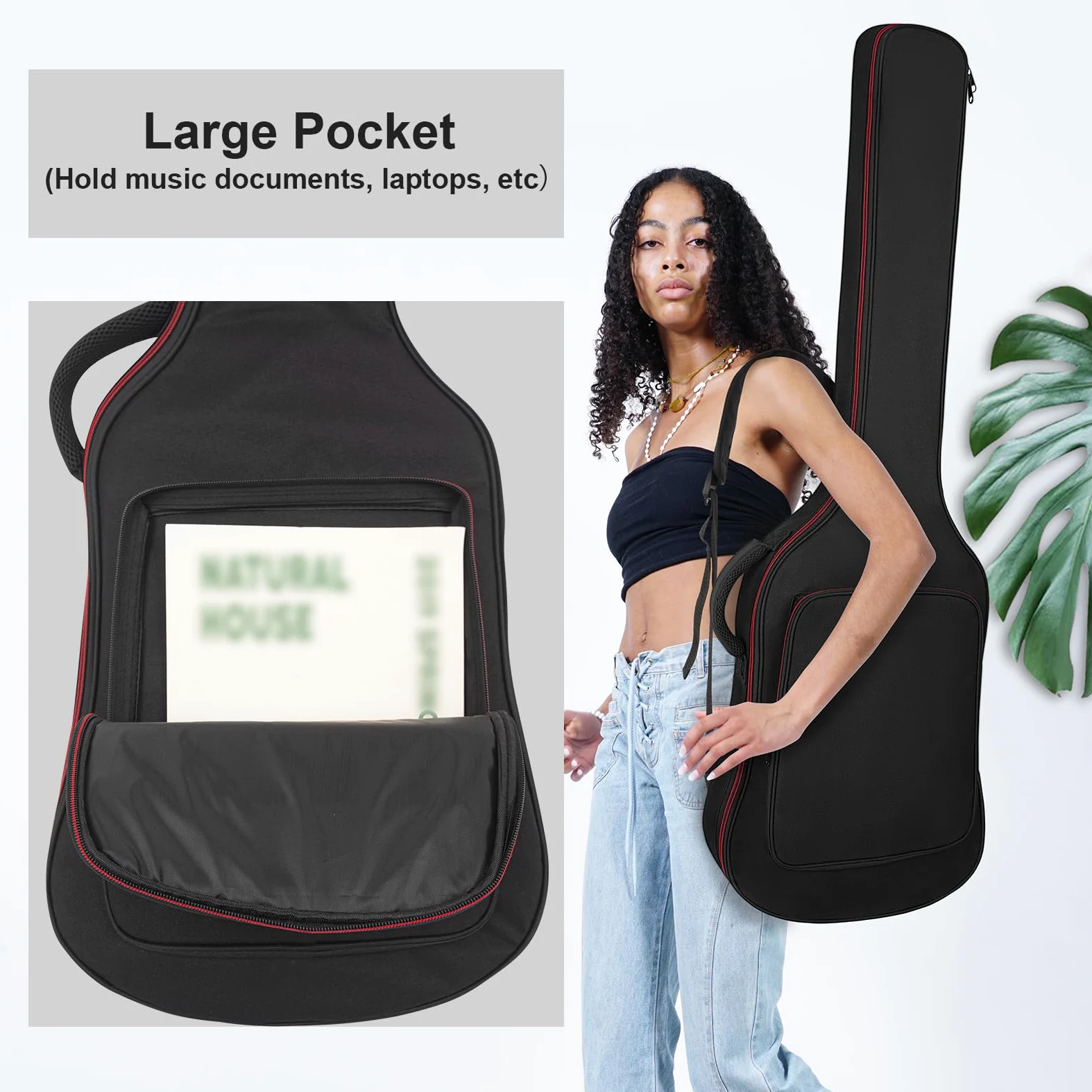 Bassgitarrentasche 0,38 Zoll/10 mm Polsterung Wasserdichtes E-Bass-Case E-Bass-Gigbag-Rucksack mit Nackenschutzgurt und Tasche Verstellbarer Schultergurt Schwarz