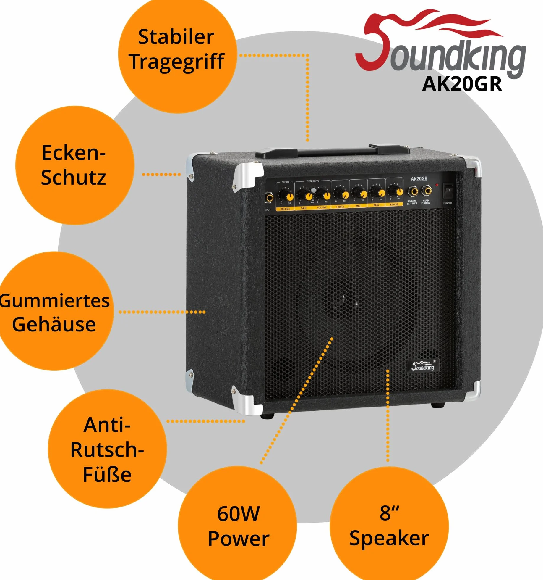 Soundking AK20-GR Gitarrenverstärker 60 Watt - 3-Band Equalizer - 8" Speaker mit 2 Kanälen, clean & Overdrive - Kopfhörerausgang & Lautsprecheranschluss - Idealer Amp mit Extra robusten Schutzecken