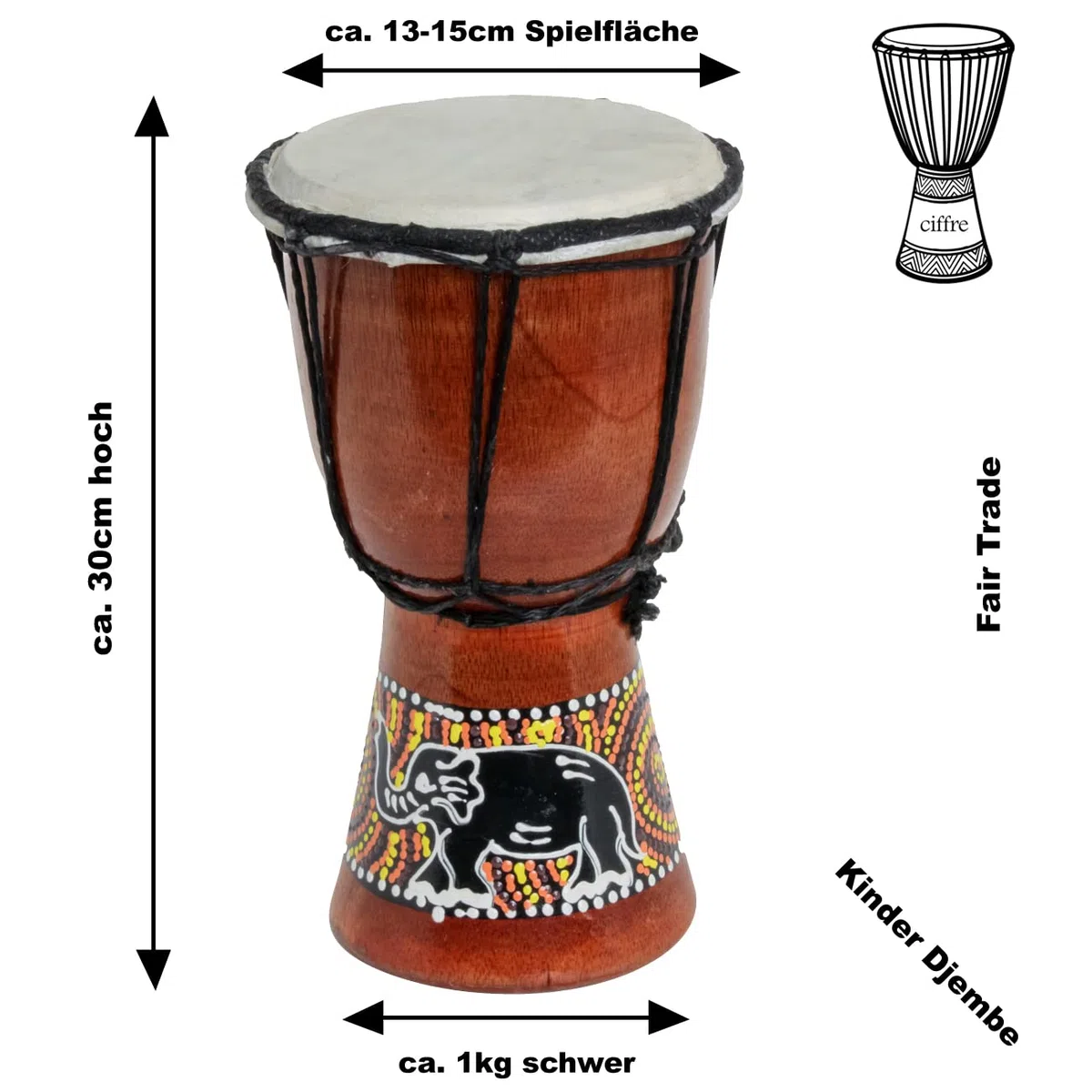 30cm Kinder Djembe Trommel Bongo Drum Holz Bunt Elefant