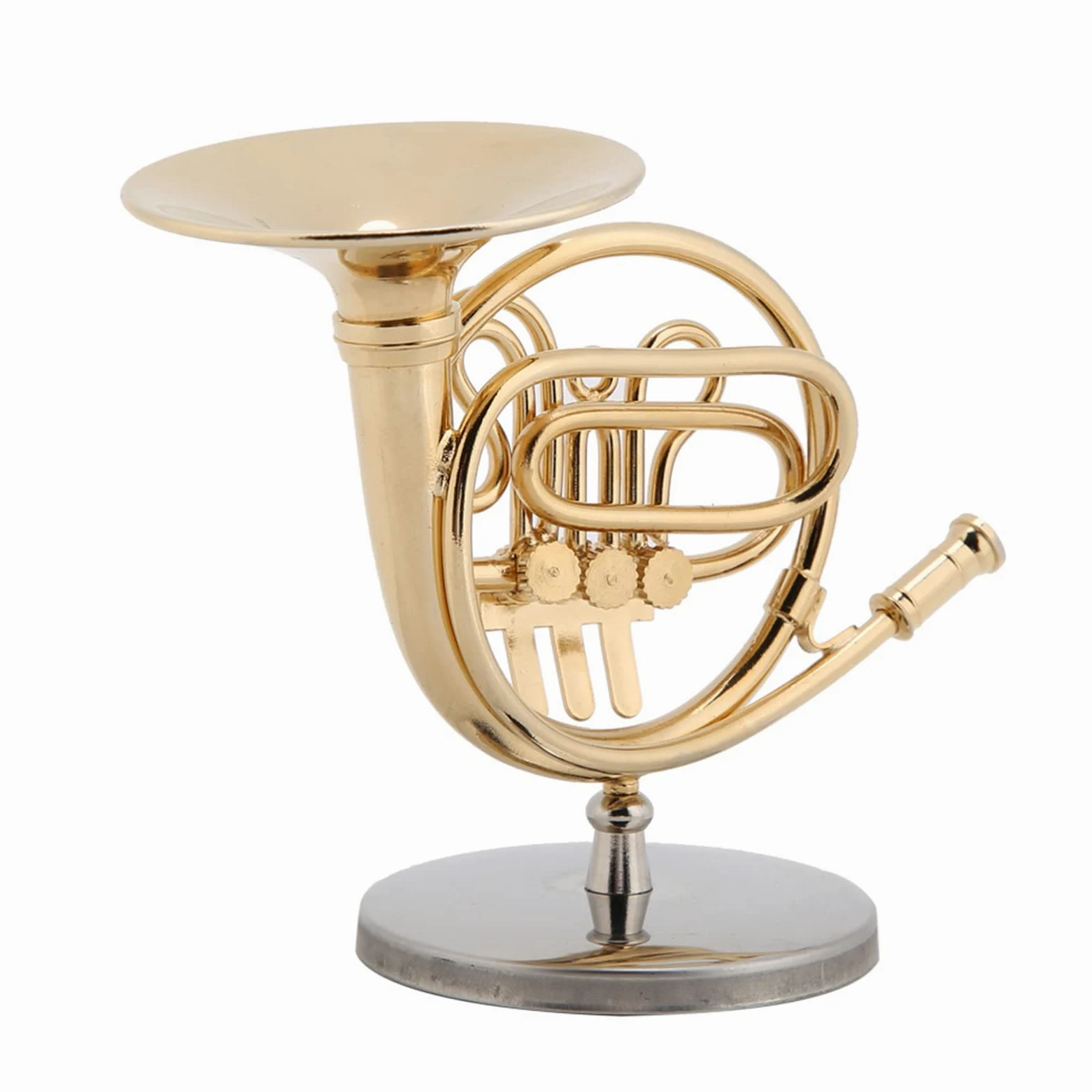 Generic Miniatur-Waldhorn-Ornament aus Goldenem Messing mit Ständer für die Dekoration von Musikzimmern, e für und Musiker