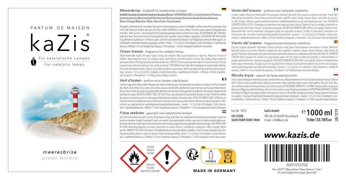 kaZis® Ocean Breeze – Meeresbrise | 1 Liter Nachfüllflüssigkeit für katalytische Duftlampen | Frischer Ozean-Duft | Made in Germany