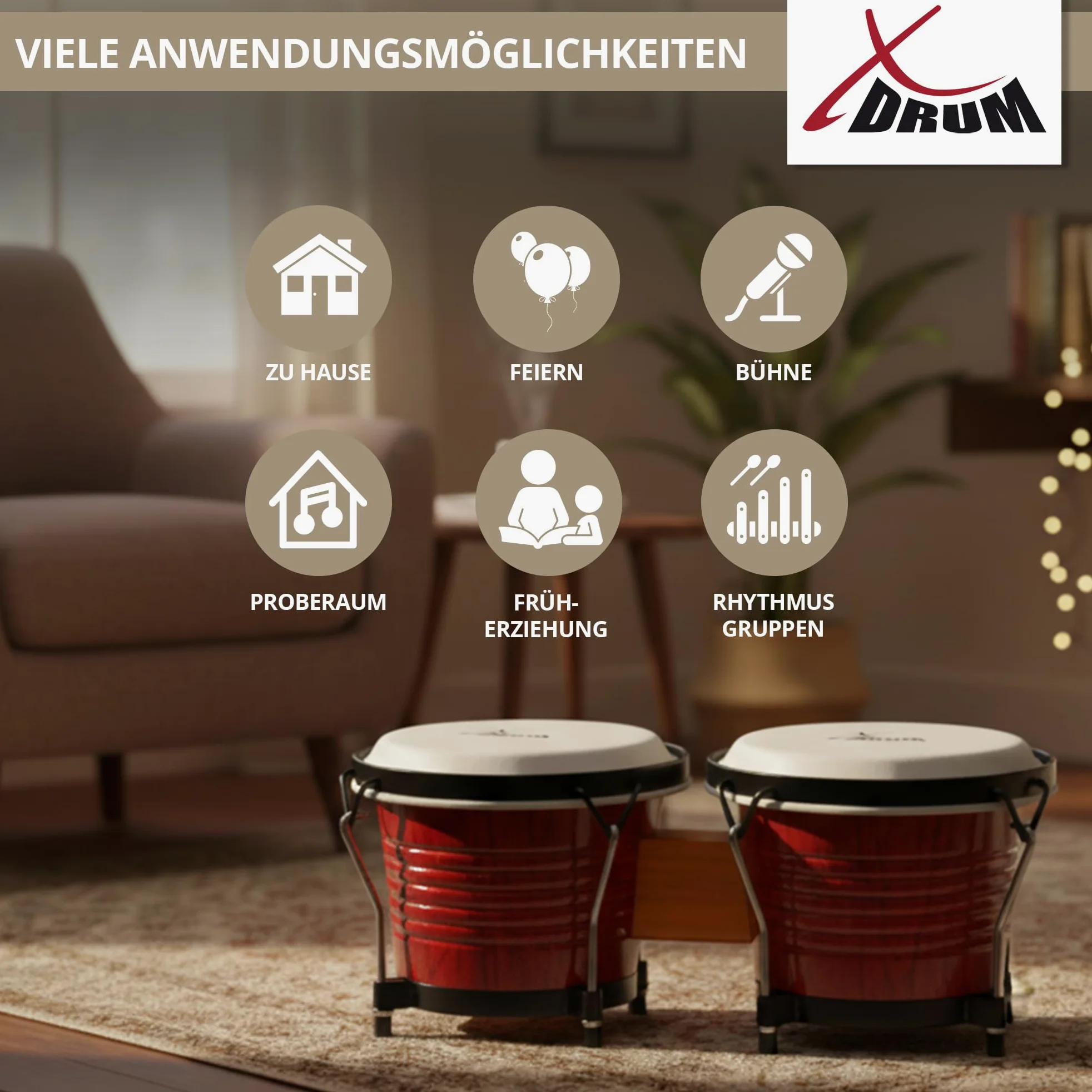 XDrum Bongos Pro Tobacco - 2 Trommeln mit 6,5" (17 cm) und 7,5" (20 cm) Durchmesser - Bongotrommeln mit stimmbaren Naturfellen, Stimmschlüssel und Ständer - Holztrommeln Braun