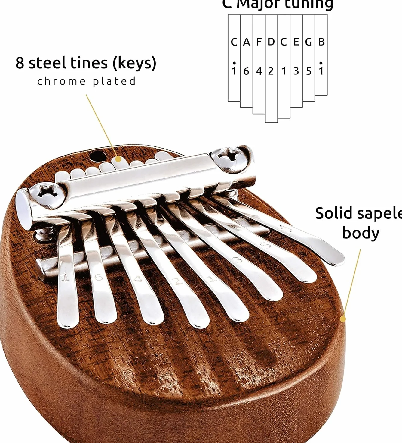 Sonic Energy Massivkörper Kalimba – C-Dur, 8 Töne – Sapeleholz – Für Meditation, Yoga, Kinder – Inkl. Umhängeband (KL8MINI)