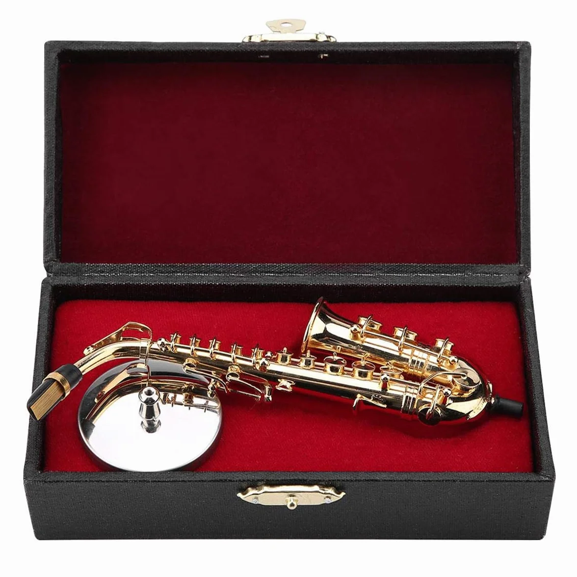 Miniatur-Altsaxophon, dekoratives Modell, Messing, vergoldet, Mini-Saxophon für Musikliebhaber, Lehrer, mit Ständer und Koffer, Sammler-Replik