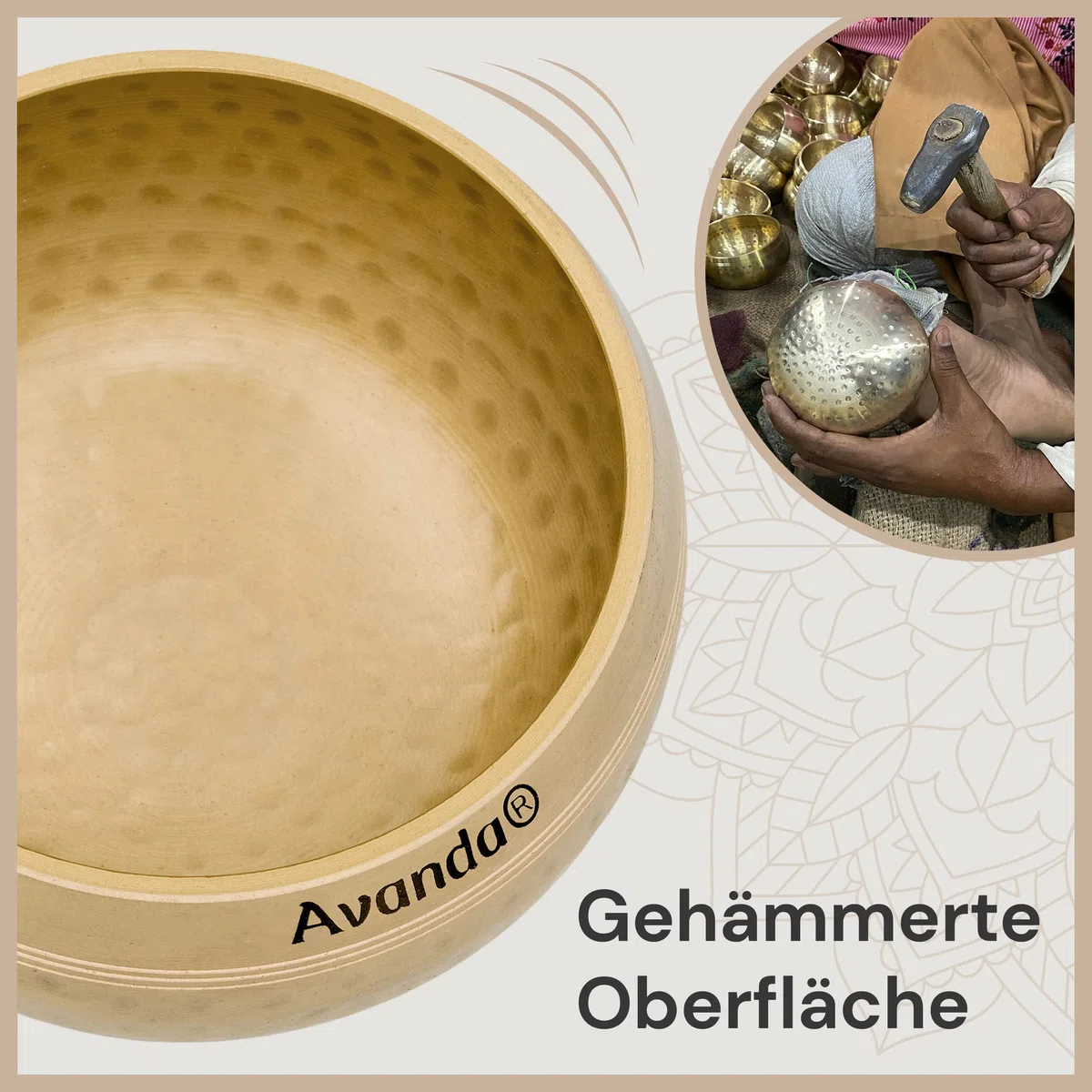 Tibetisches Klangschale-Set für Yoga, Meditation und Entspannung - gehämmerte Tibetische Klangschale Ø 10 cm, Doppel-Schlägel mit Filz und Leder, Ring-Kissen, Beutel und Anleitung