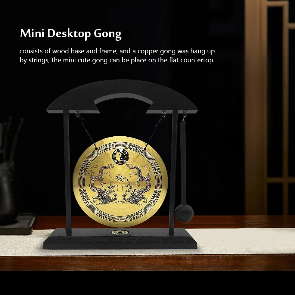 Chinesischer Desktop-Gong, Desktop Gongschlag mit Holzsockel Zen-Dekoration aus Holz und Kupfer, für Zuhause Büro Wohnzimmer (Doppelte Drachen)