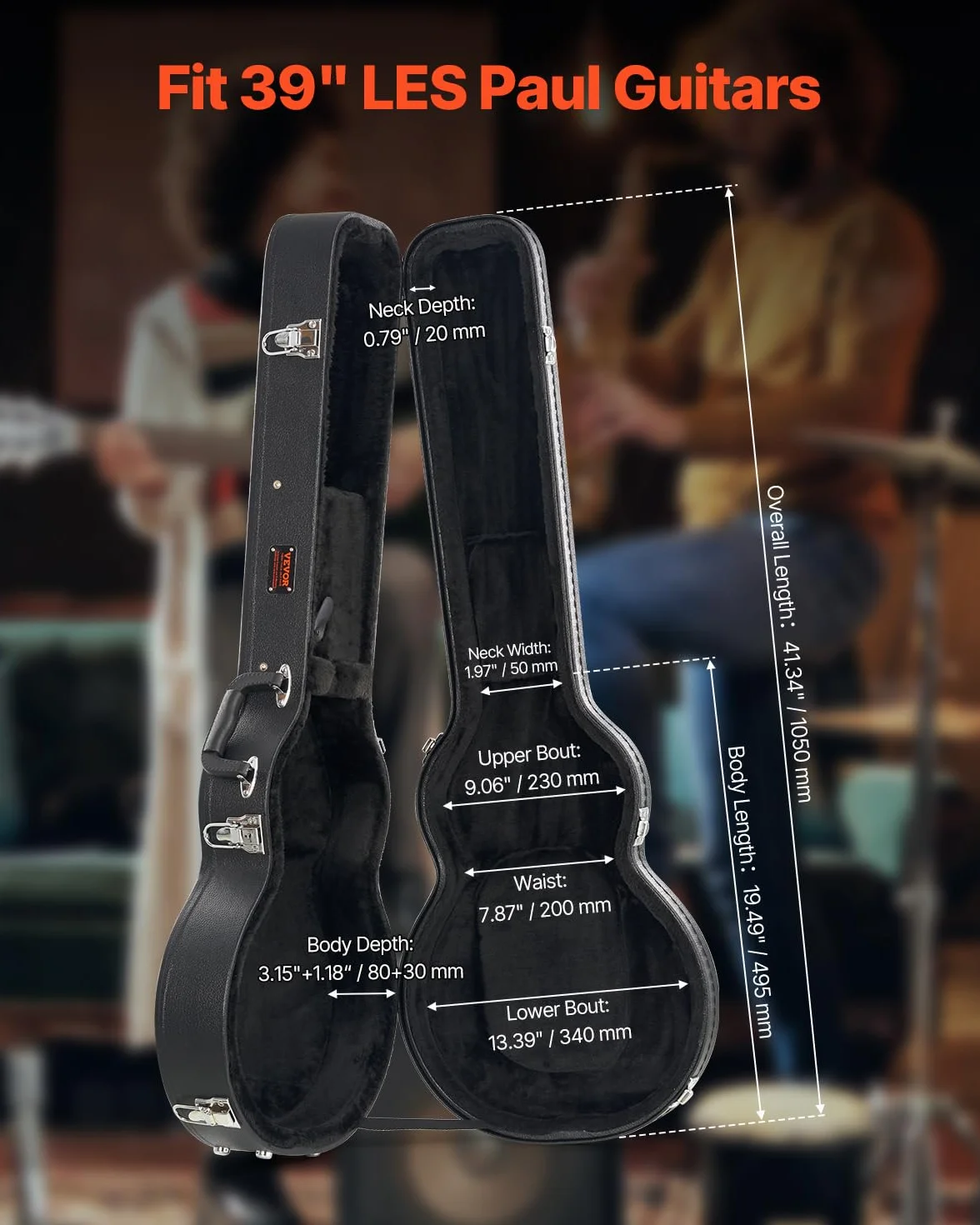 VEVOR Gitarrenkoffer, 105 cm kürbisförmiger Hartschalenkoffer für Gitarre, mit Schloss, Riegel, Schlüsselgriff, PVC-Polsterung, case, Hartschalen-Gitarrenkoffer, für 99 cm Les Paul-Gitarren, Schwarz
