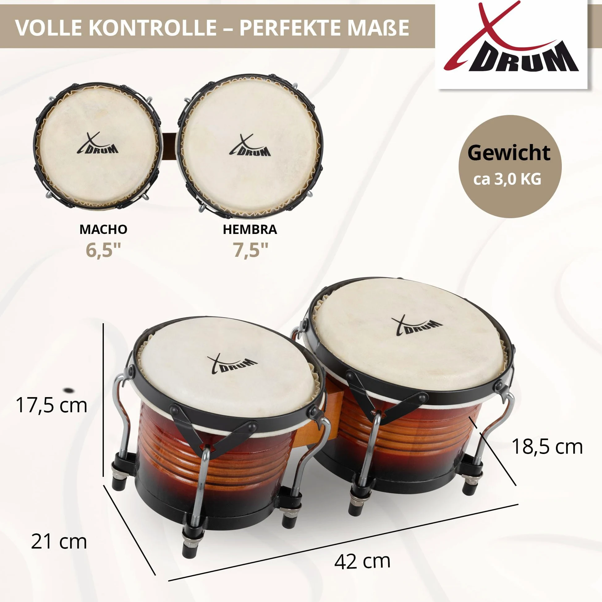 XDrum Bongos Pro Vintage Sunburst - 2 Trommeln mit 6,5" (17 cm) und 7,5" (20 cm) Durchmesser - Bongotrommeln mit stimmbaren Naturfellen, Stimmschlüssel und Tasche - Holztrommeln Rotbraun
