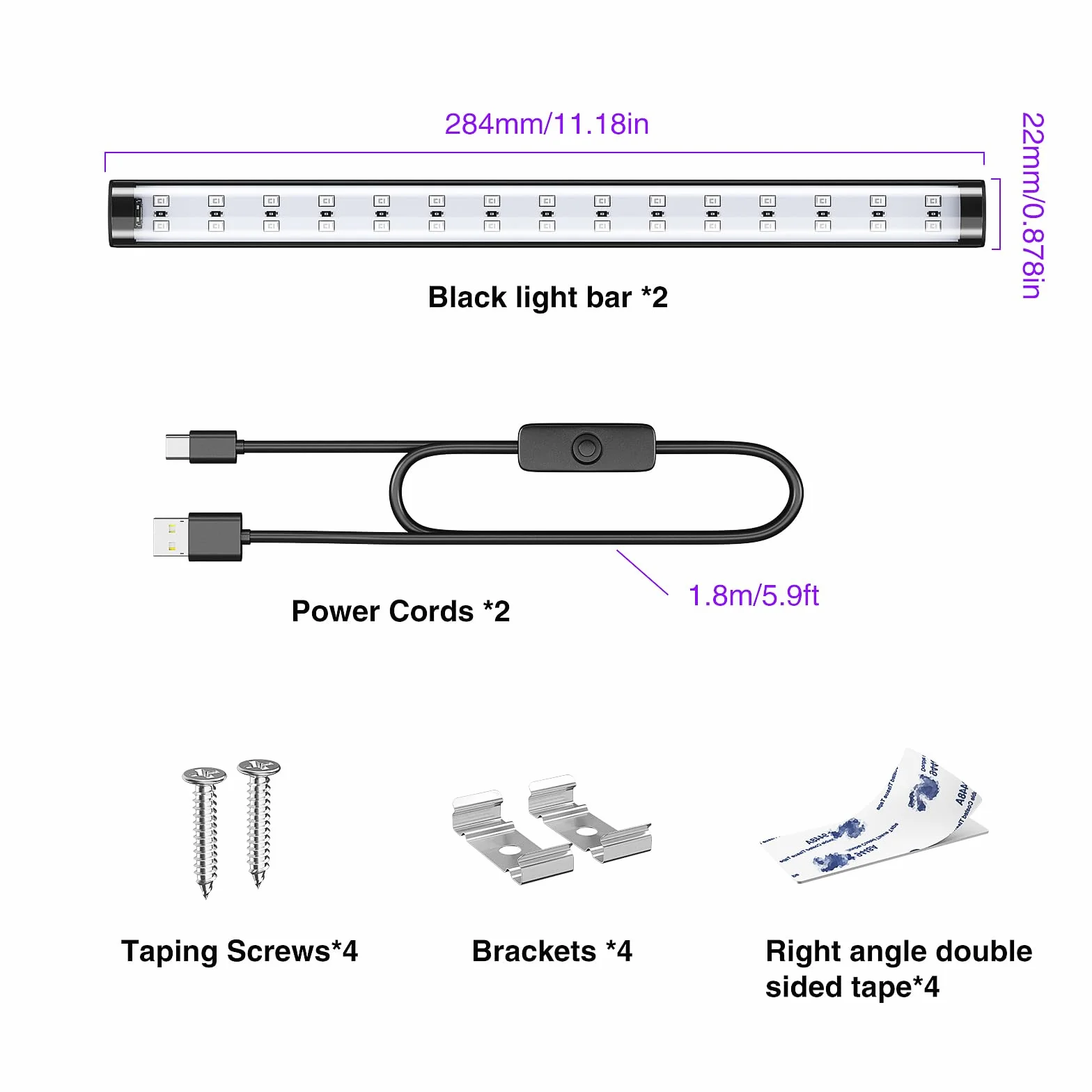 Onforu 10W Schwarzlicht Röhre, USB 28 cm Schwarzlichtlampe, 385-400 nm UV Licht, Schwarzlicht LED UV Bar für Disco, Club, Glow Party, Party Zubehör, Halloween Deko, 2er