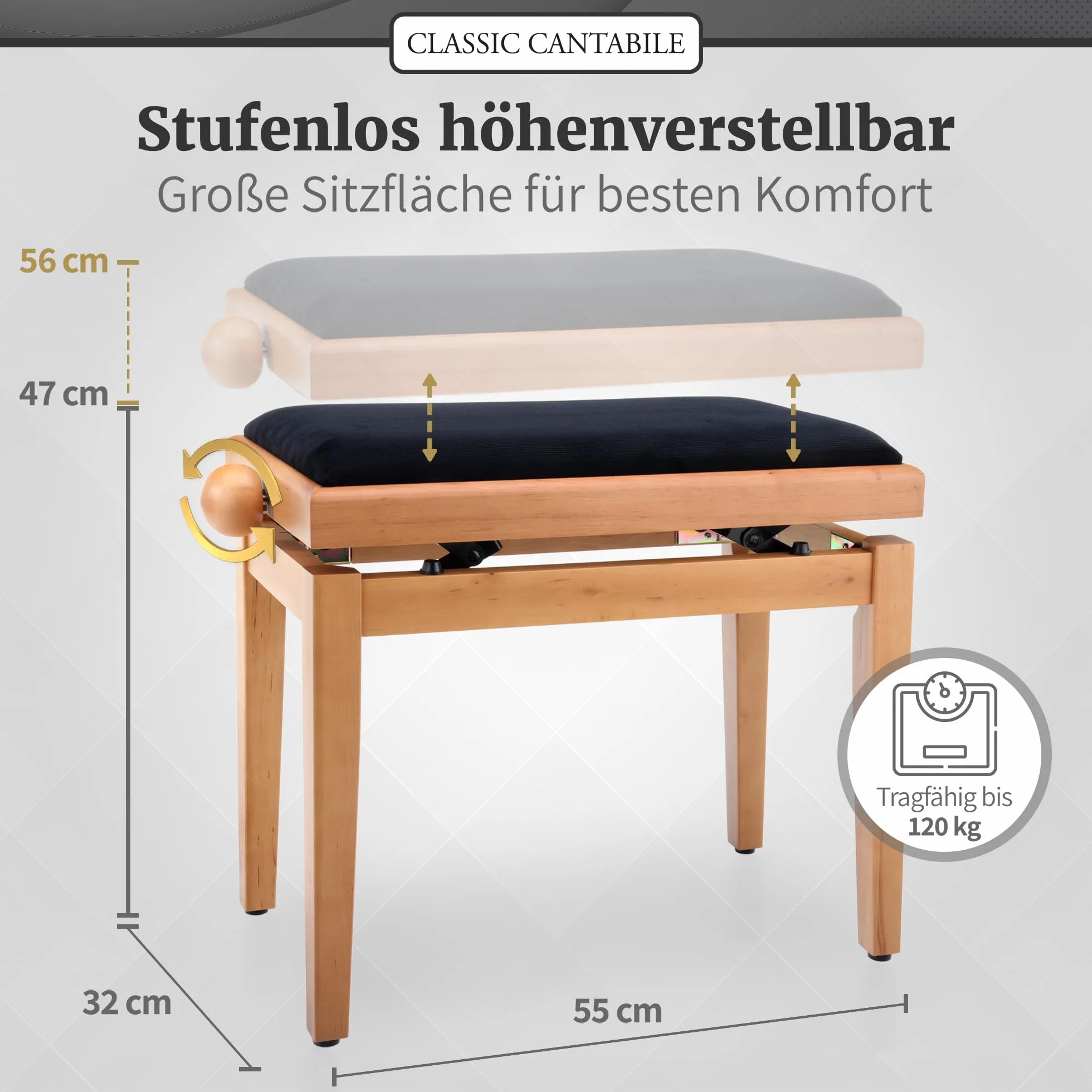 Classic Cantabile Pianobank Kirsche-matt (Höhenverstellbar von 47-56cm, Spindelmechanik, Sitzfläche 55 x 32cm, schwarzer Velourbezug, stabil)