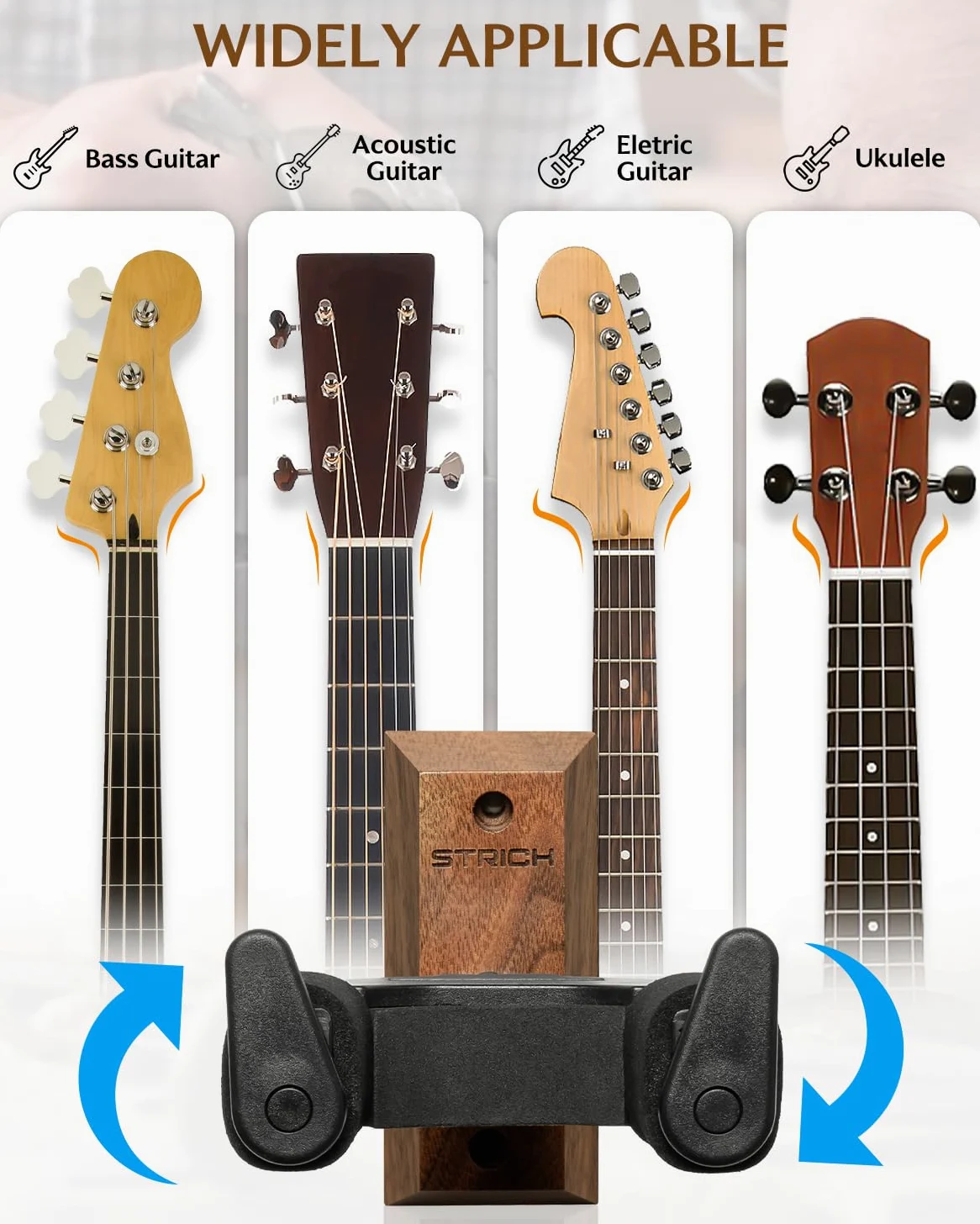 STRICH Gitarrenwandhalterung, Walnussholz, U-förmig mit Schrauben, automatisch verriegelnder Gitarrenhalter für Akustikgitarren, E-Gitarren, Banjos, Bass (3er-Pack)