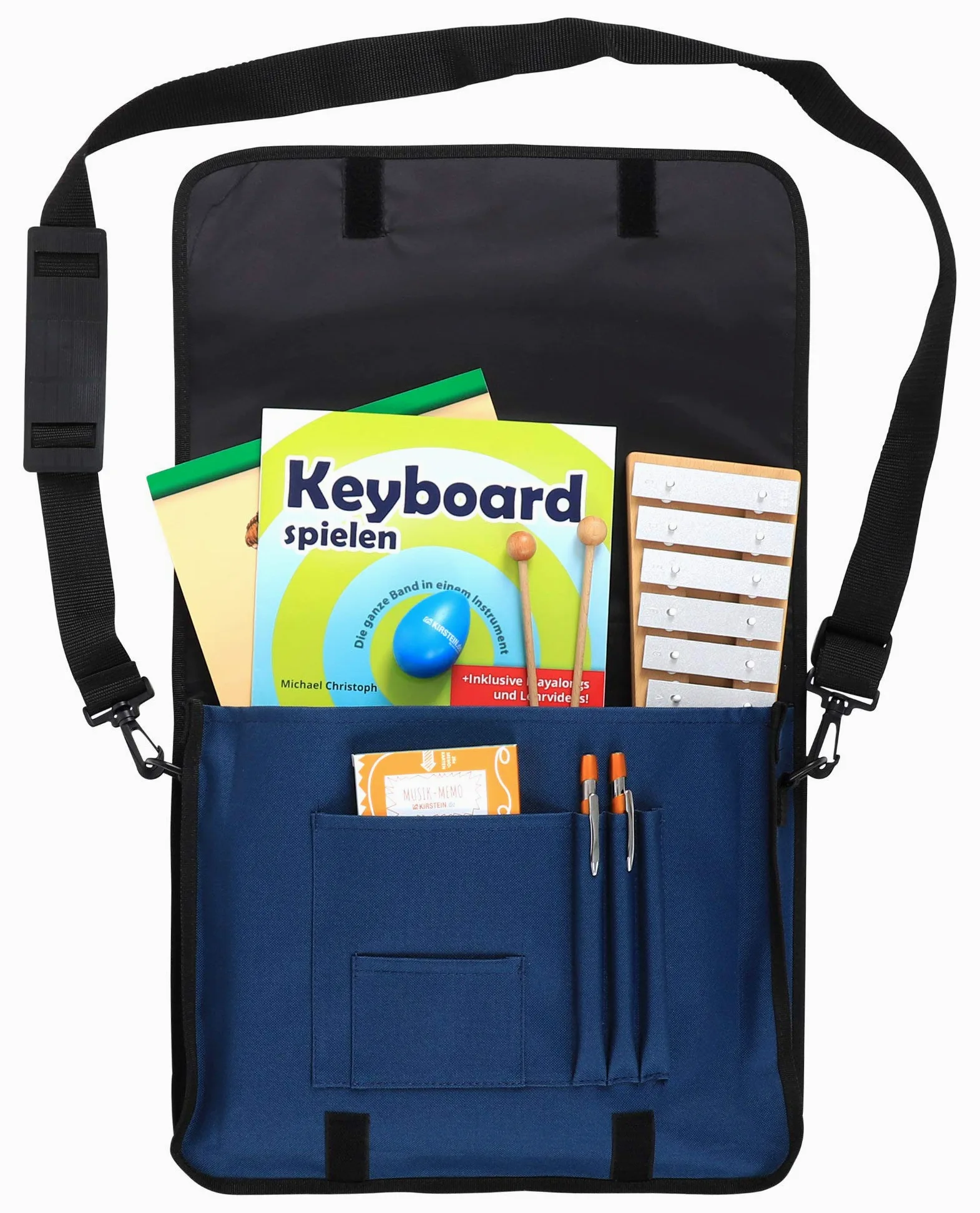 Classic Cantabile Notentasche - Tasche für Musikunterricht und Musikalische Früherziehung - Für Noten im DIN- und US-Format - Schultergurt - Innenfächer für Utensilien - Musik-Design - blau