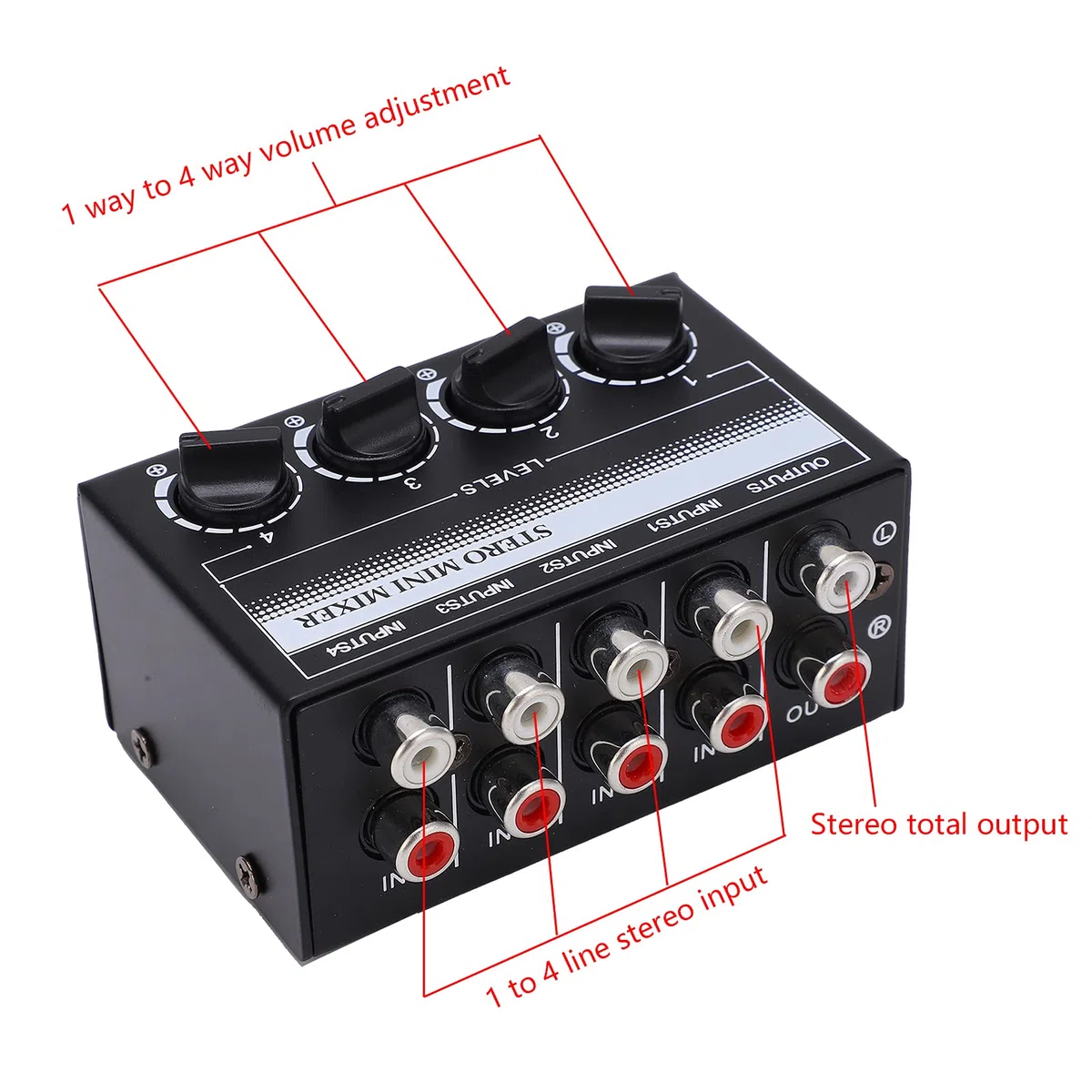 Stereo-Mini-Mixer Stereo-Mixing-Ausgang Ganzmetallgehäuse 4 Stereo-Cinch-Eingänge Audiosignal-Effektgeräte