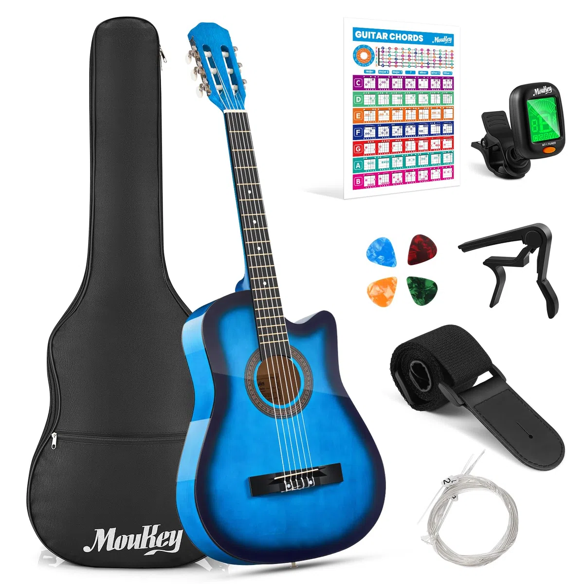 Moukey Akustikgitarre für Anfänger, Kinder, Jugendliche, Erwachsene, Cutaway-Gitarre, Acustica-Kit mit Akkord-Poster, Gigbag, Stimmgerät, Plektren, Nylonsaiten, Kapodaster, Gurt, Blau