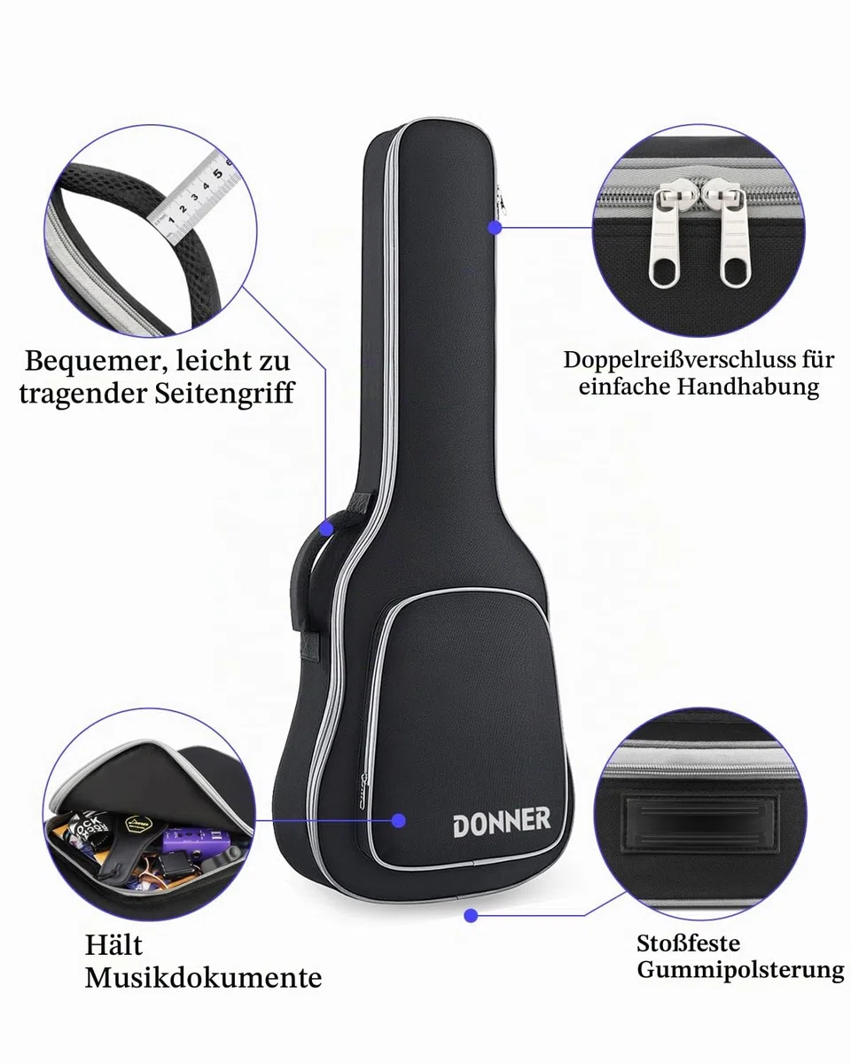 Donner E-Gitarren Gigbag 39 Zoll, 5 mm Polsterung, 600D Ripstop Nylon, Wasserabweisende Soft-Gitarrentasche mit verstellbaren Doppel-Schultergurten und gepolstertem Griff, Schwarz