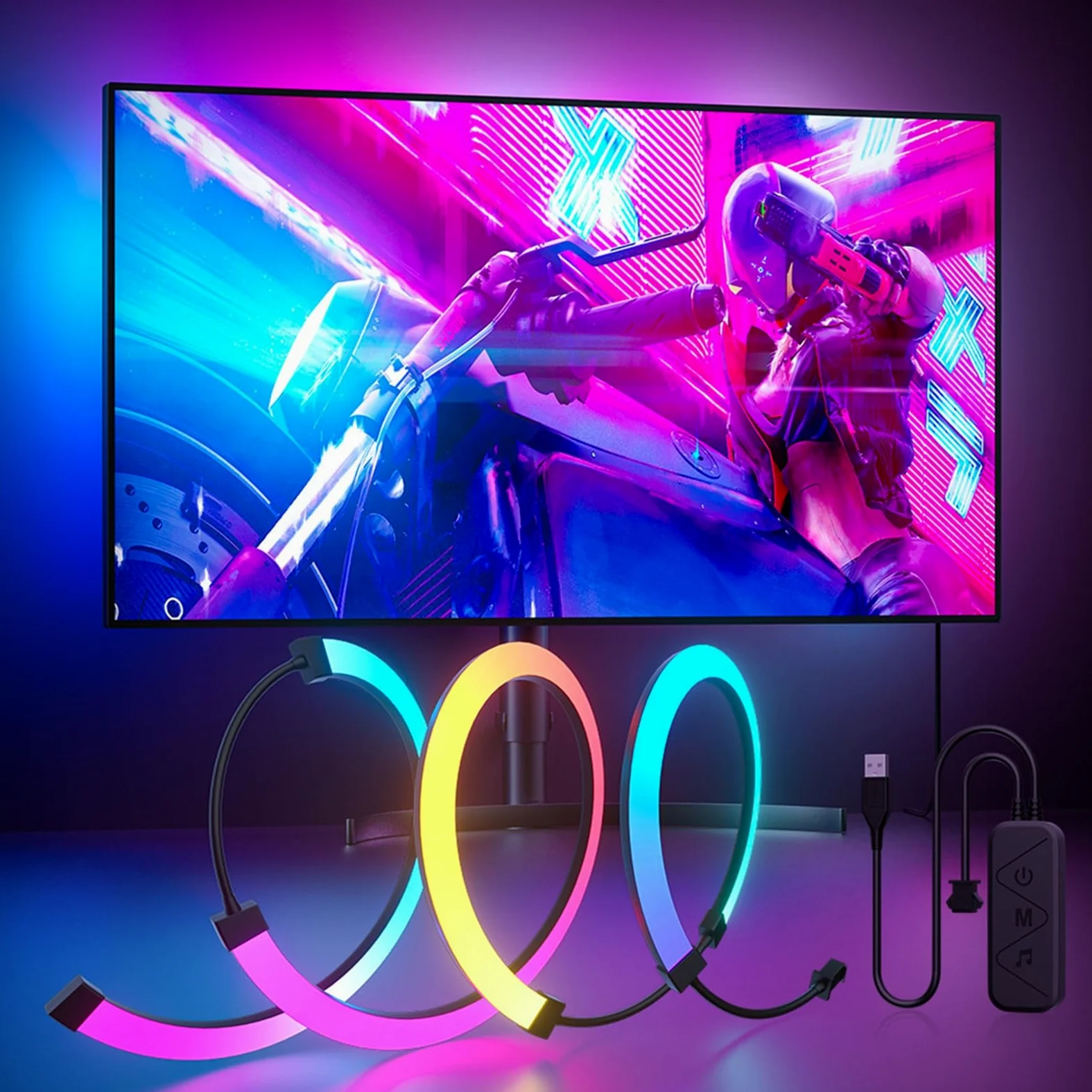 Tnfeeon RGB-LED-Lichtleiste, Flexible Silikon-Umgebungsbeleuchtung für Spielzimmer und Heimkino, Dynamischer Farbwechsel mit Controller, 5050RGB-Hintergrundbeleuchtung für TV und PC (24 Zoll) (24
