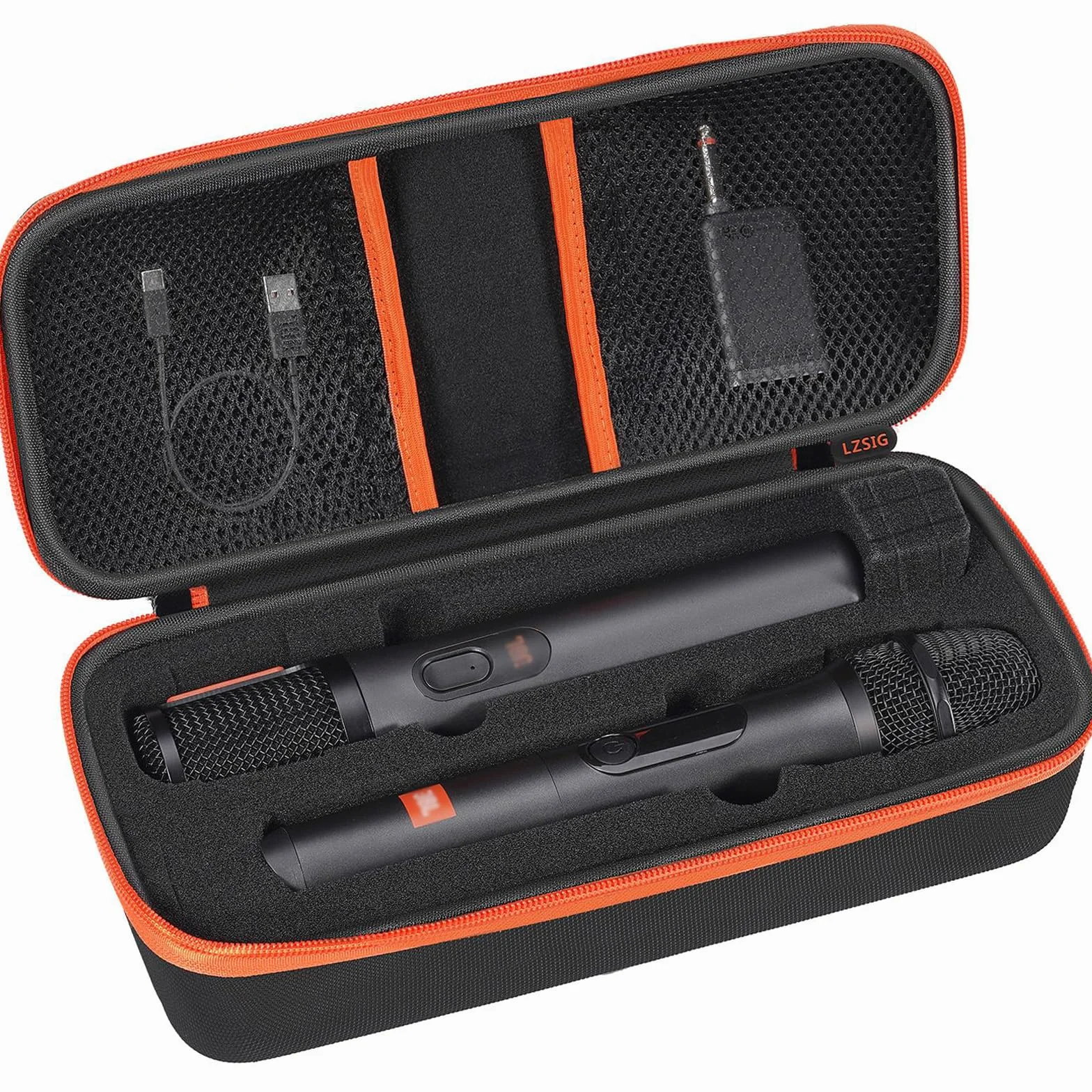 Kabellose Mikrofonhülle, kompatibel mit JBL Wireless Two Microphone System, vorgeschnittener Schaumstoff für Dual Handheld Partybox Mikrofon, Reisetasche für Receiver, Batterien und Adapter, Karaoke