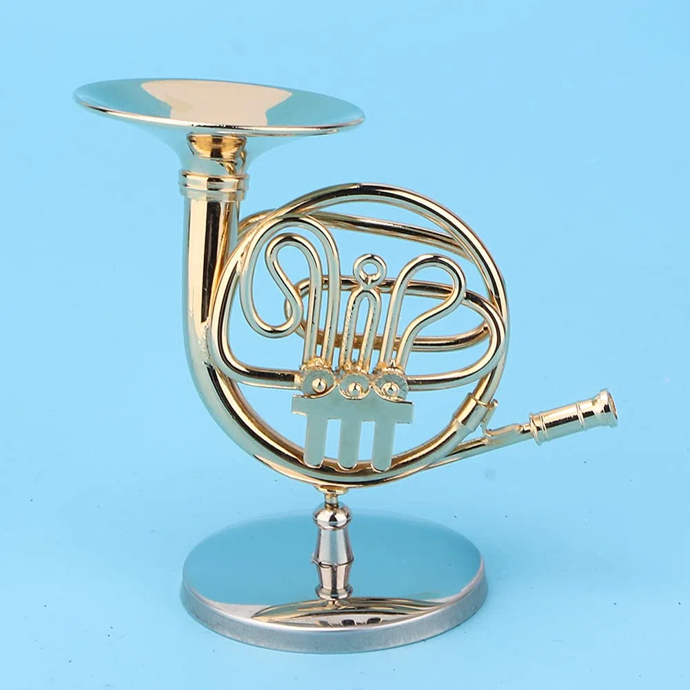 Haofy Verwandte Goldene Mini French Horn Replica Dekorationen mit Grundlegender Unterstützung für Einen Schreibtisch aus Glänzenden und Glänzenden Regalen für Musiker und
