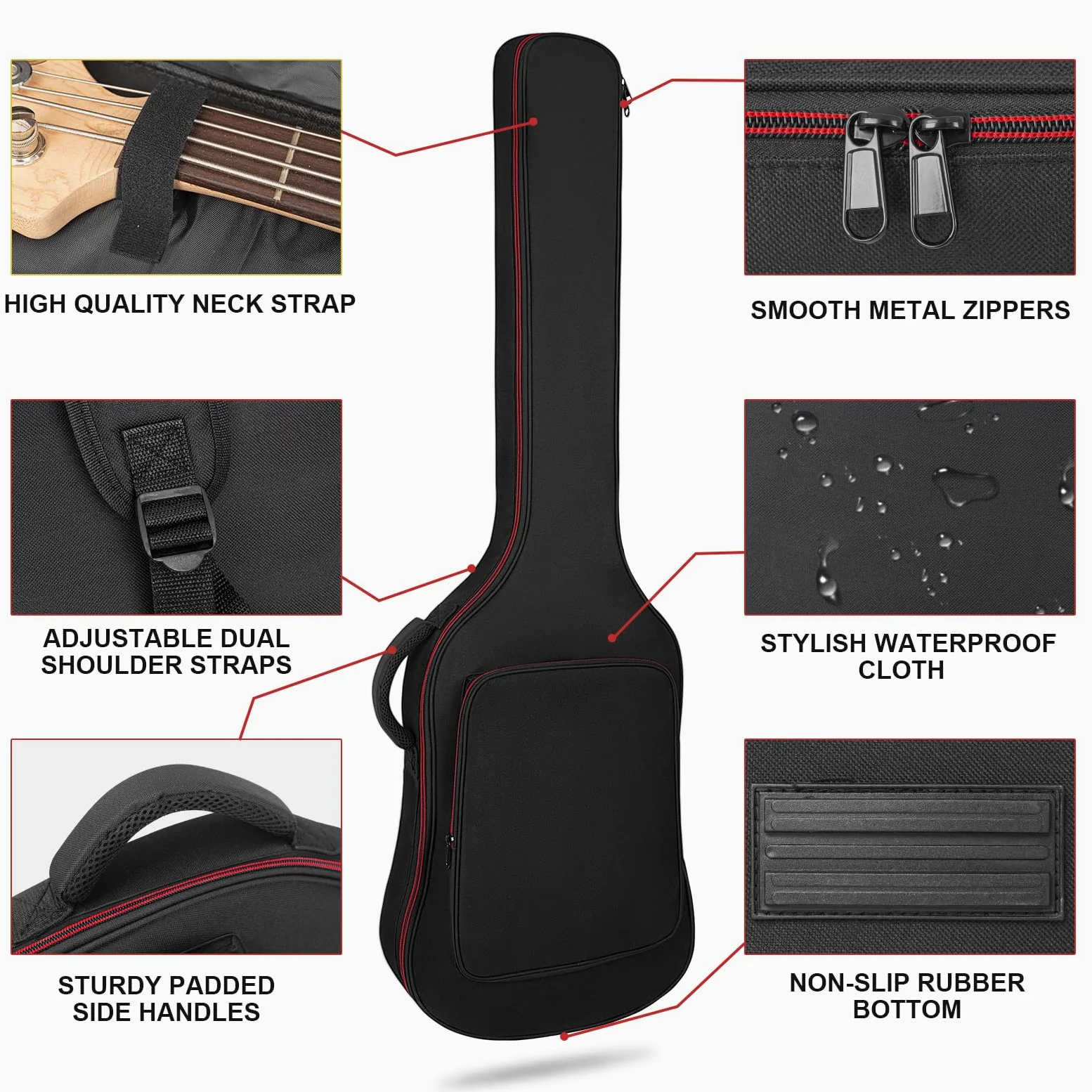 Bassgitarrentasche 0,38 Zoll/10 mm Polsterung Wasserdichtes E-Bass-Case E-Bass-Gigbag-Rucksack mit Nackenschutzgurt und Tasche Verstellbarer Schultergurt Schwarz