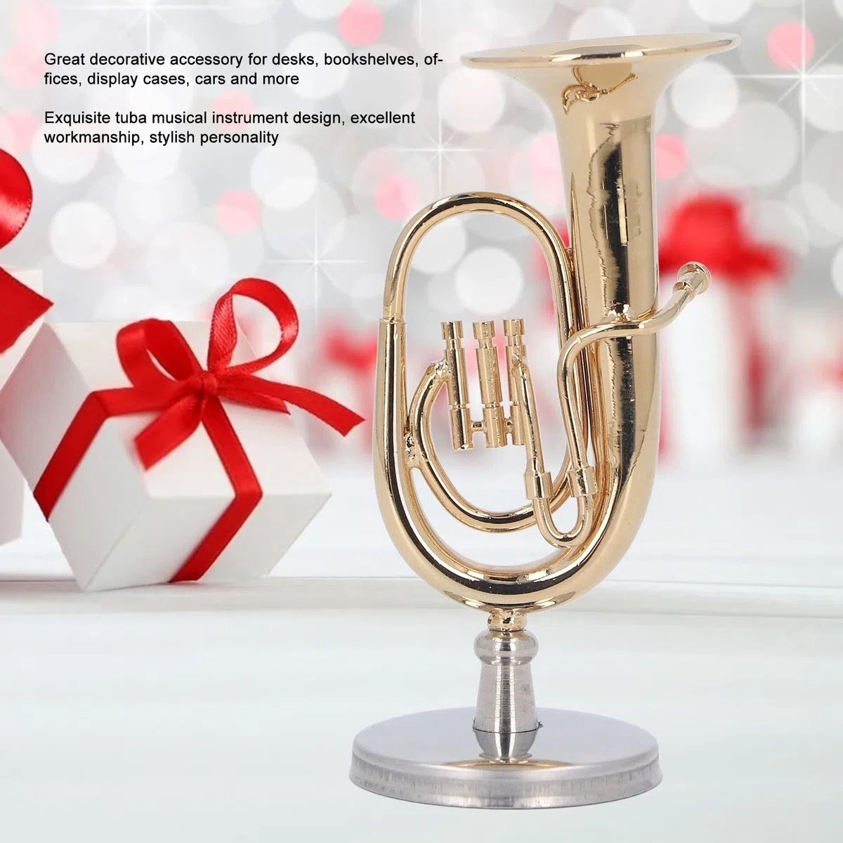 Miniatur -Tuba -Modell, messinggold plattiert Euphonium Mini Miniatur Tuba Musikinstrument mit Basis Weihnachtspuppenhaus Spielzeugdekoration
