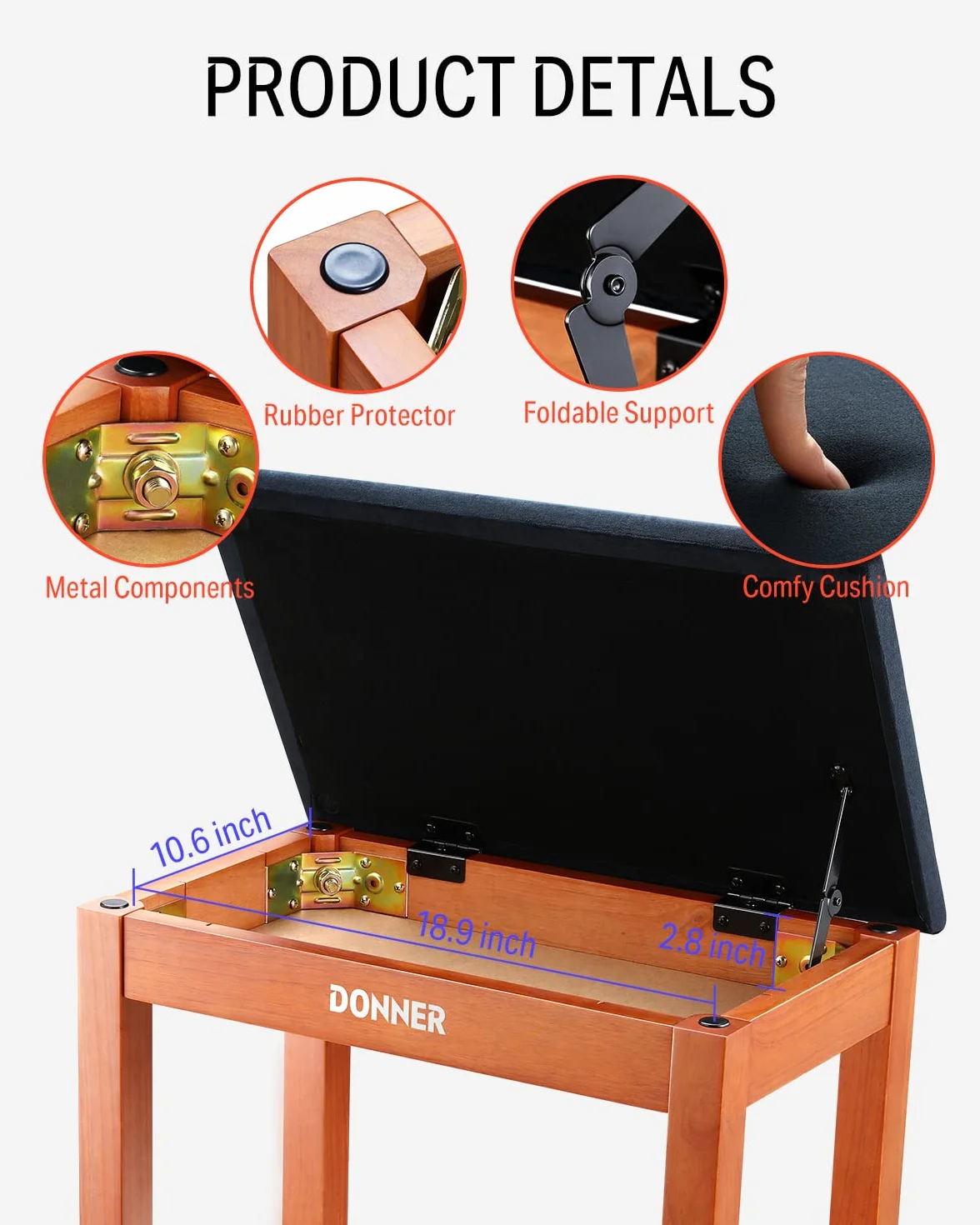 Donner Klavierbank mit Stauraum, Massivholz-Keyboardbank, Klavier-Bücherregal, Hocker, Stuhl, Sitz mit hochdichtem Wildlederkissen, Holz-Finish-Farbe